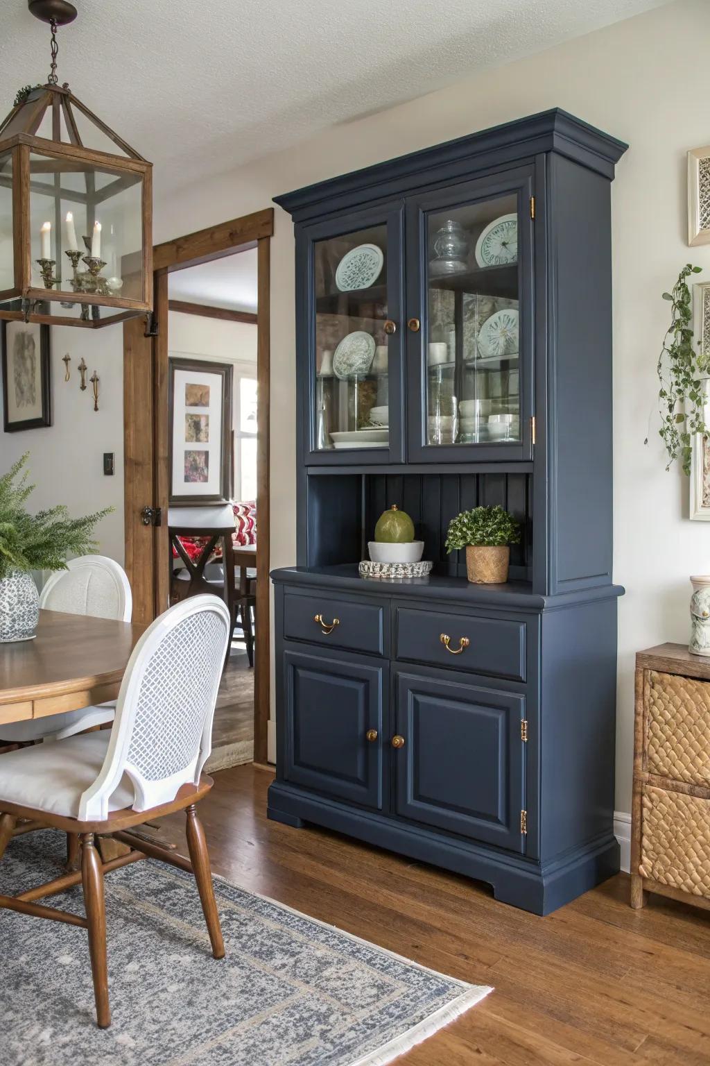A bold navy hutch transforms the dining room with its striking presence.