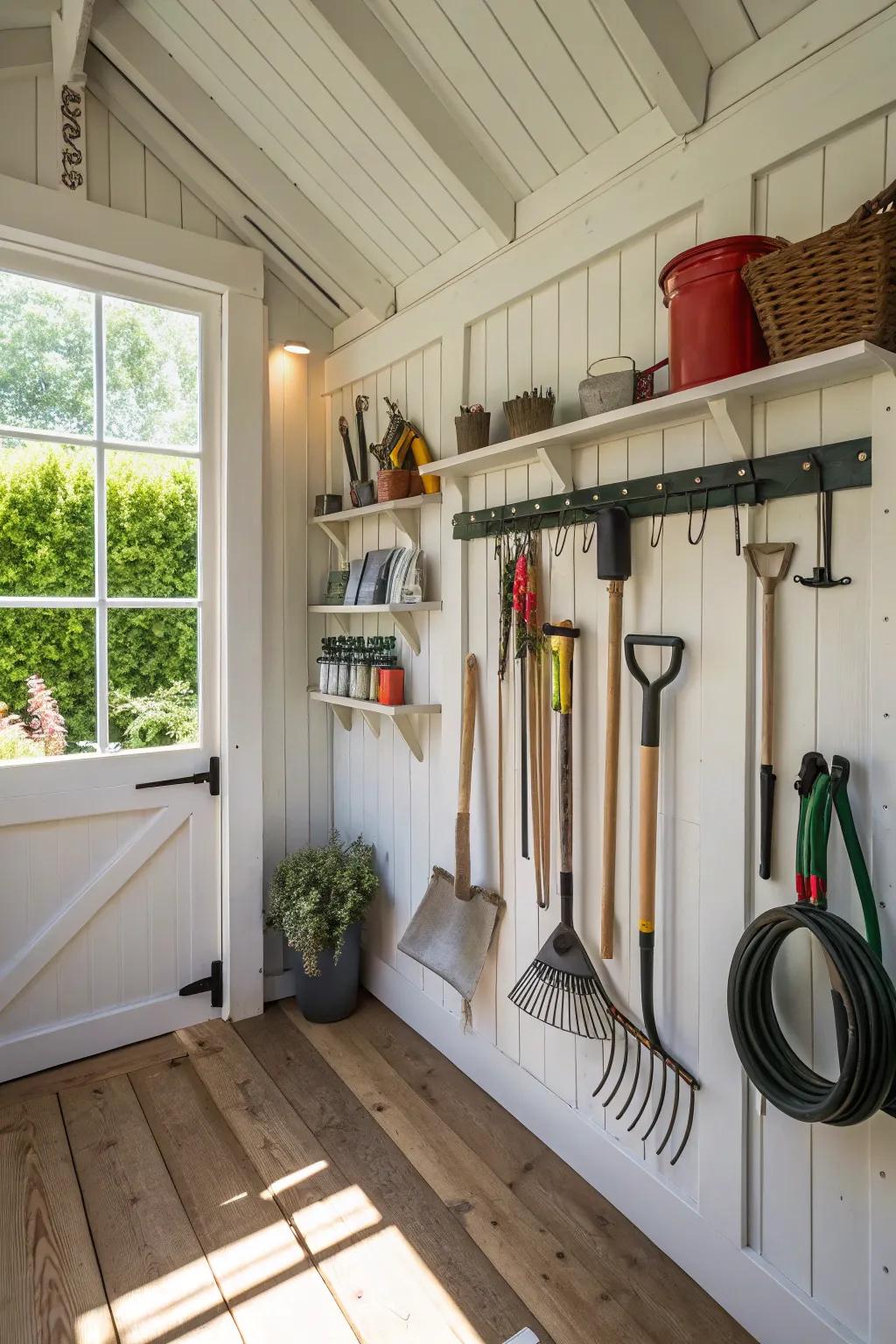 Wall-mounted storage transforms a cluttered shed into an organized haven.