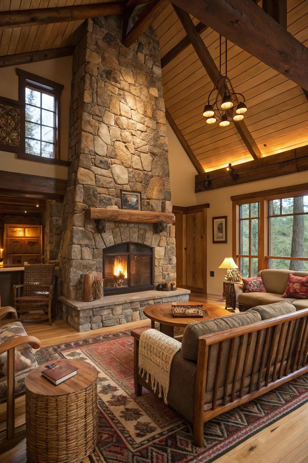 A rustic living room with a grand stone fireplace as the centerpiece.