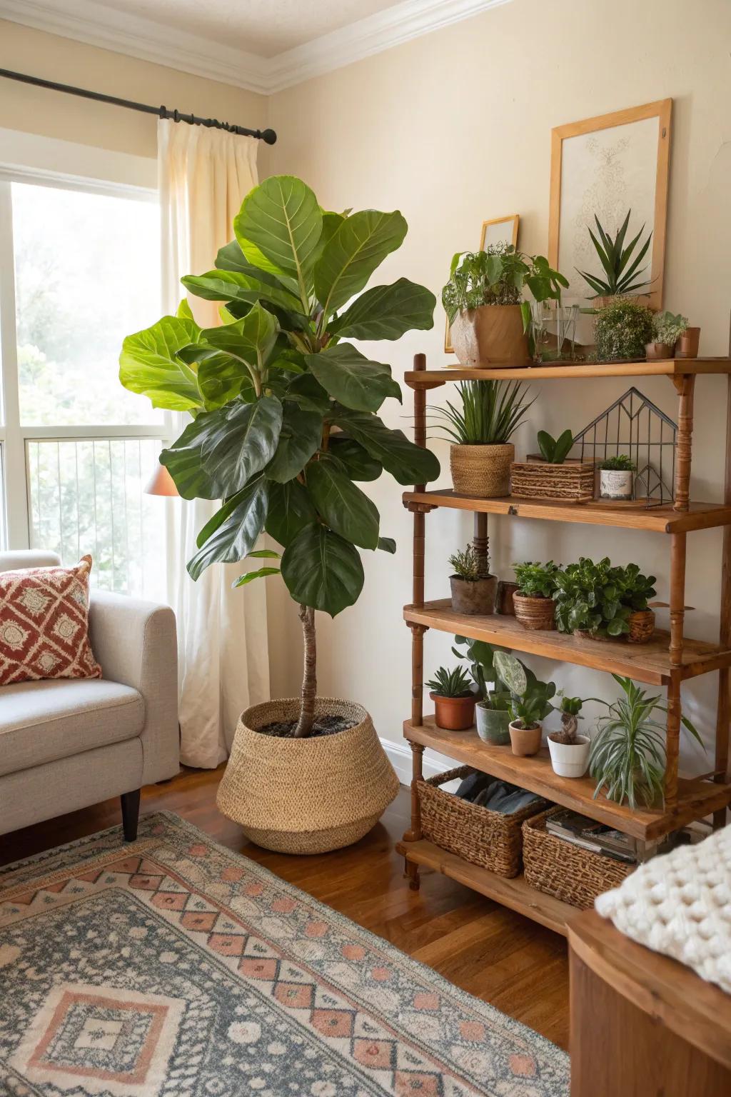 A living room transformed into a green oasis with a mix of large and small plants.