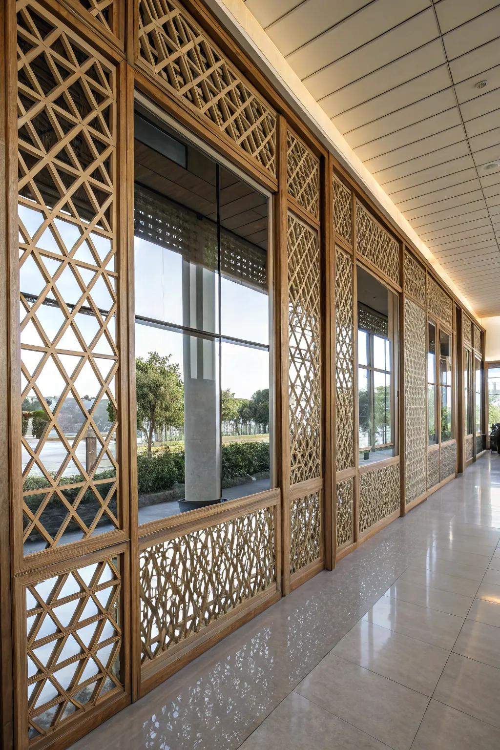 Lattice wall with mirrors creating an illusion of more space and light.