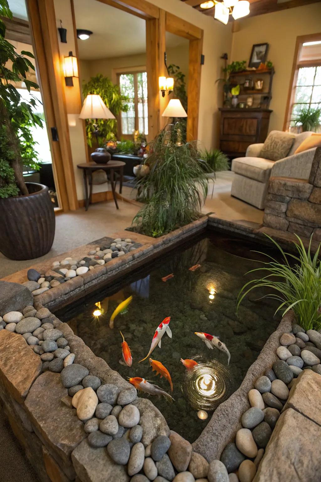 A miniature koi pond offers tranquility and charm.