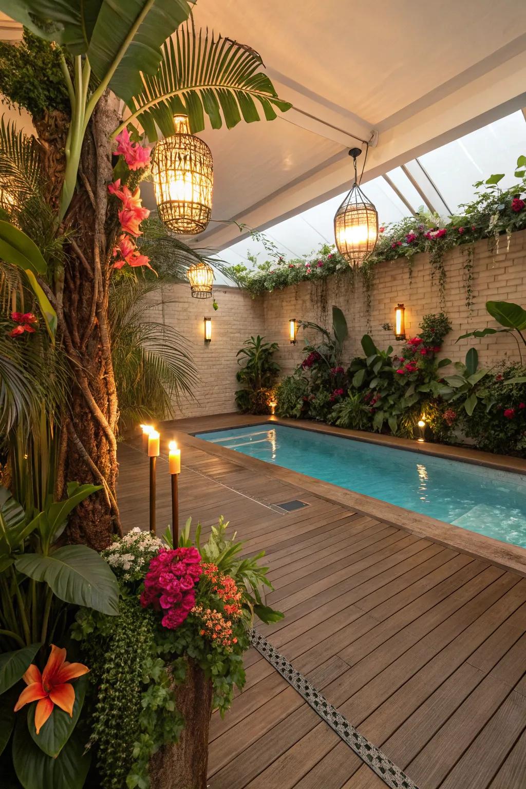 Create a tropical escape with lush greenery and vibrant decor around your indoor pool.