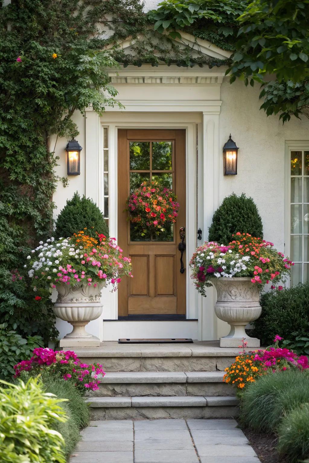 Symmetrical planters add a touch of elegance to this inset front door.