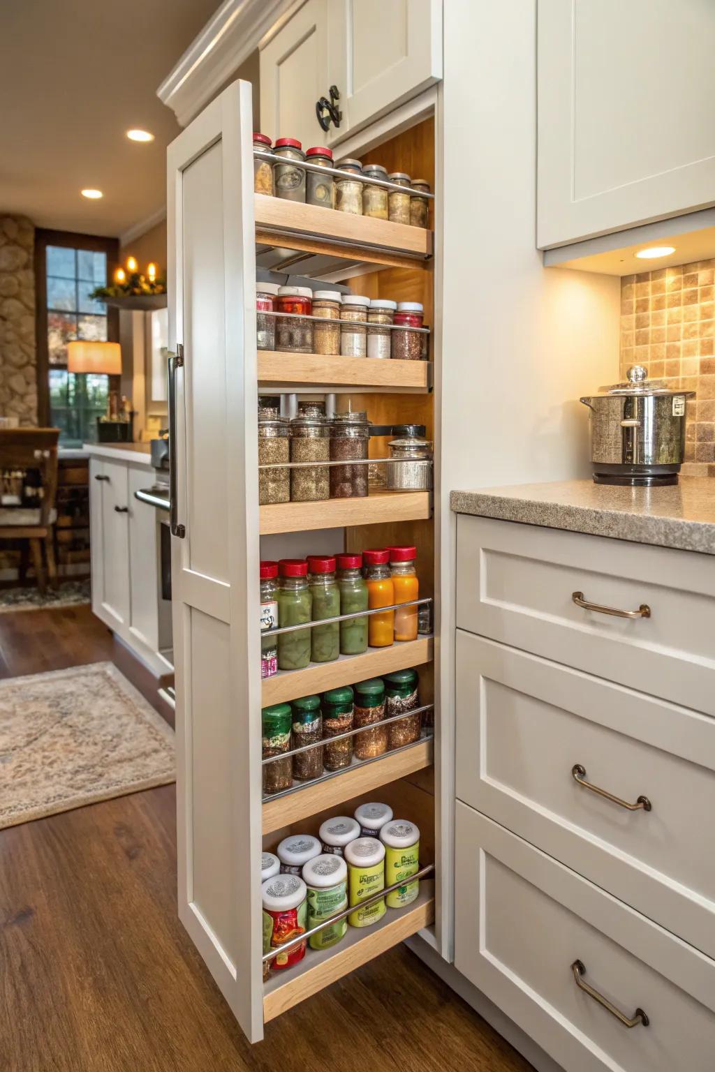 Pull-out shelves offer easy access to all your pantry items.