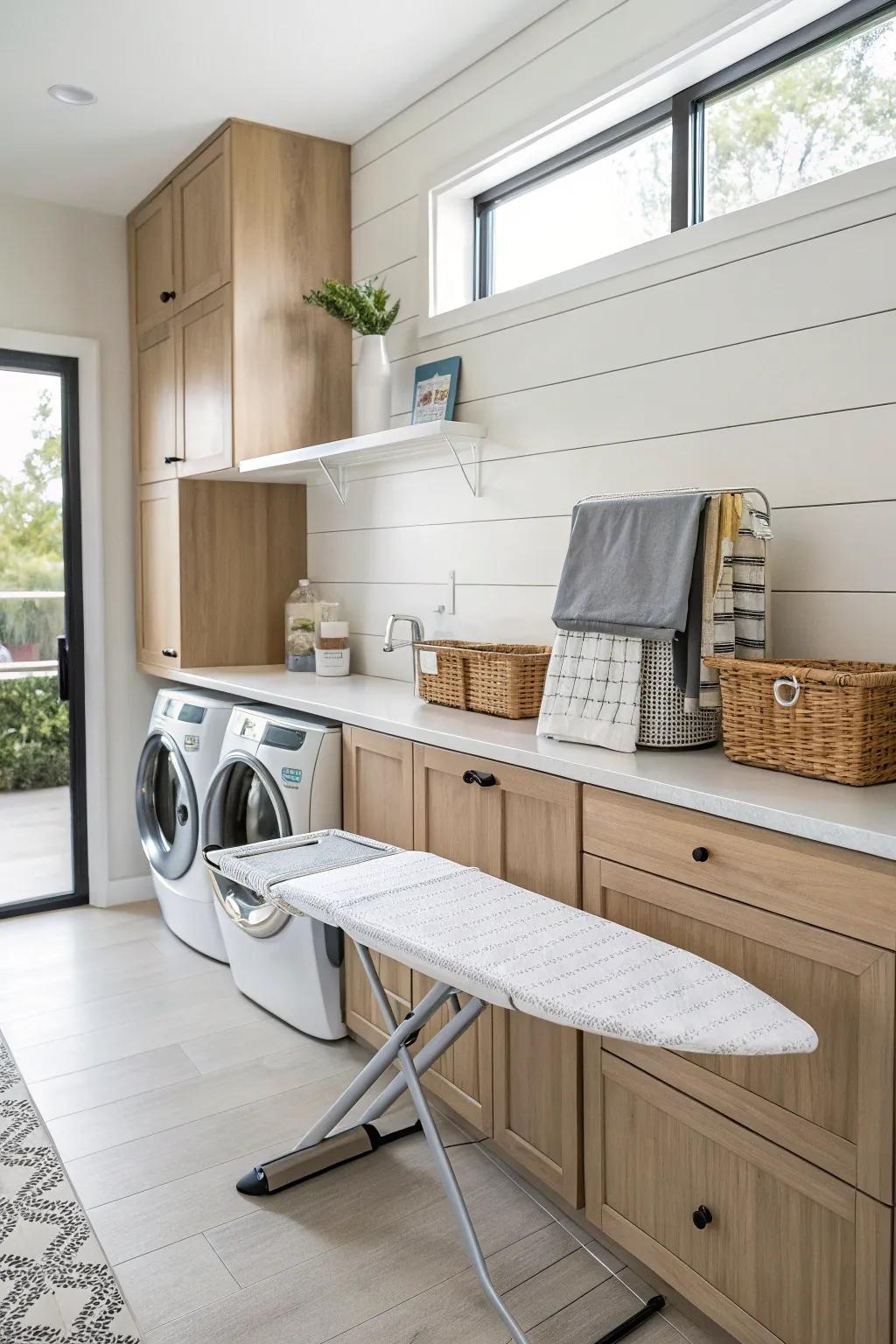 A fold-down wall-mounted ironing board in a contemporary laundry room.