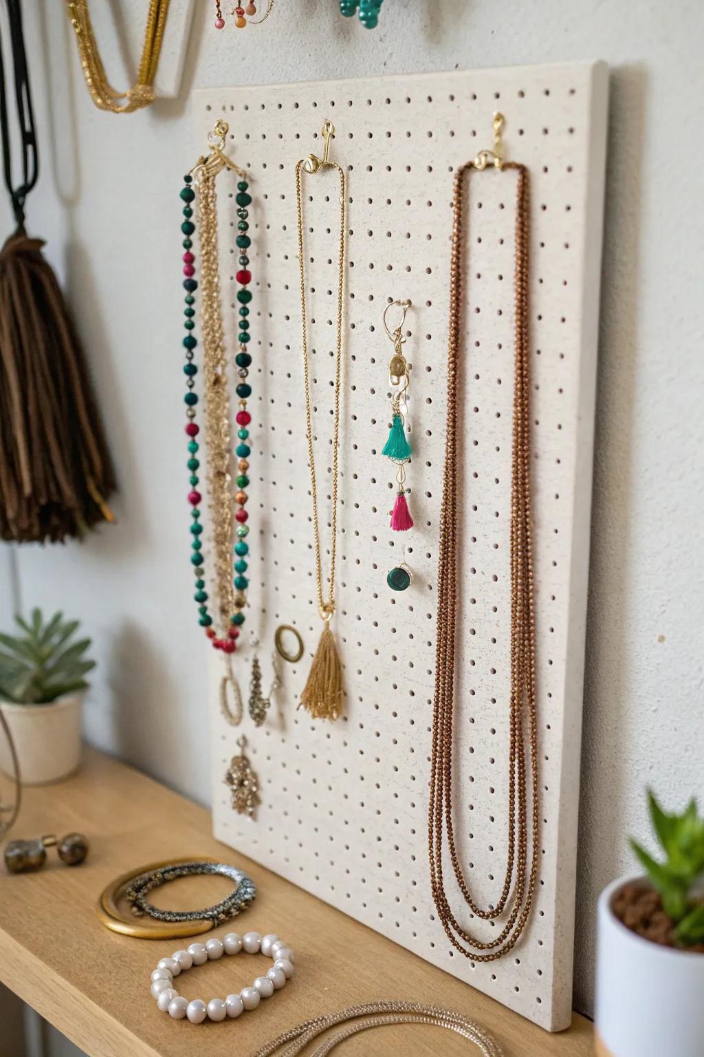 Efficient use of wall space with a jewelry pegboard