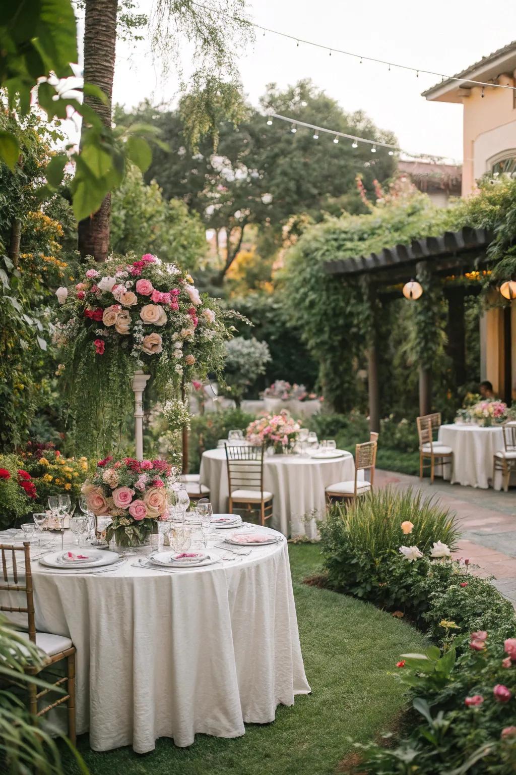 An elegant garden party setup with beautiful floral centerpieces and fine china.