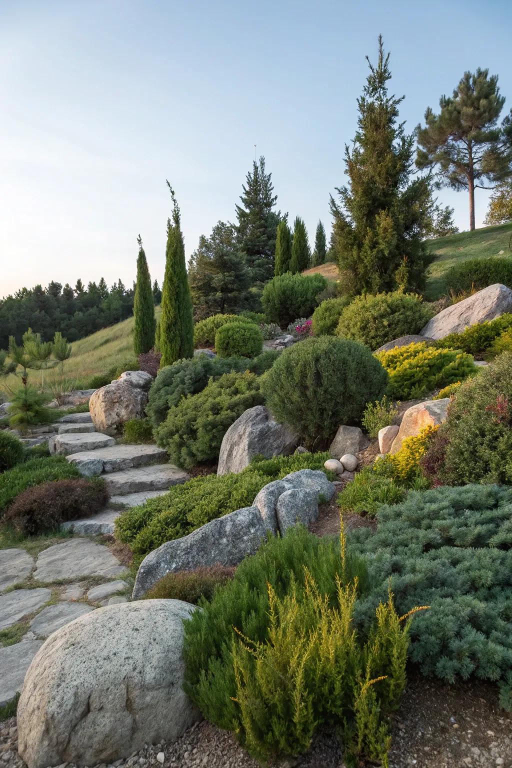 Rock and juniper garden creating a serene hillside retreat