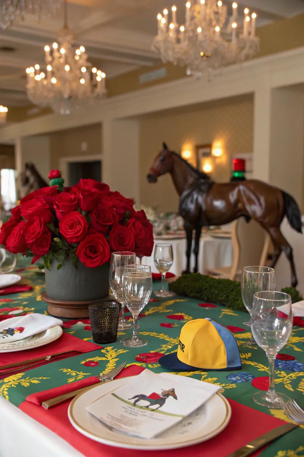 A beautifully set table with horse-themed decor and red roses for a Derby celebration.