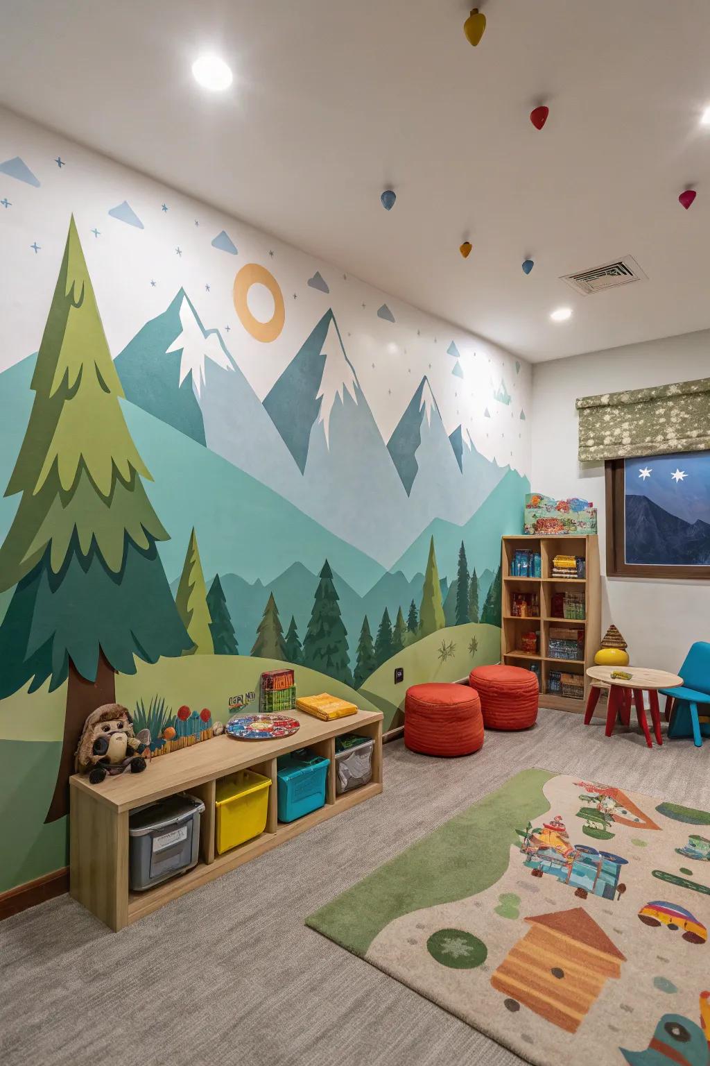 Mountain murals create a calming yet adventurous atmosphere in kids' rooms.