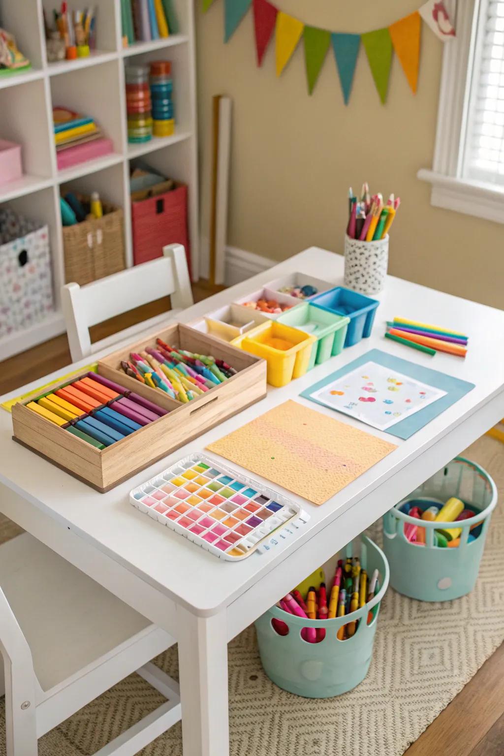 A DIY craft table filled with art supplies, ready for creative play.