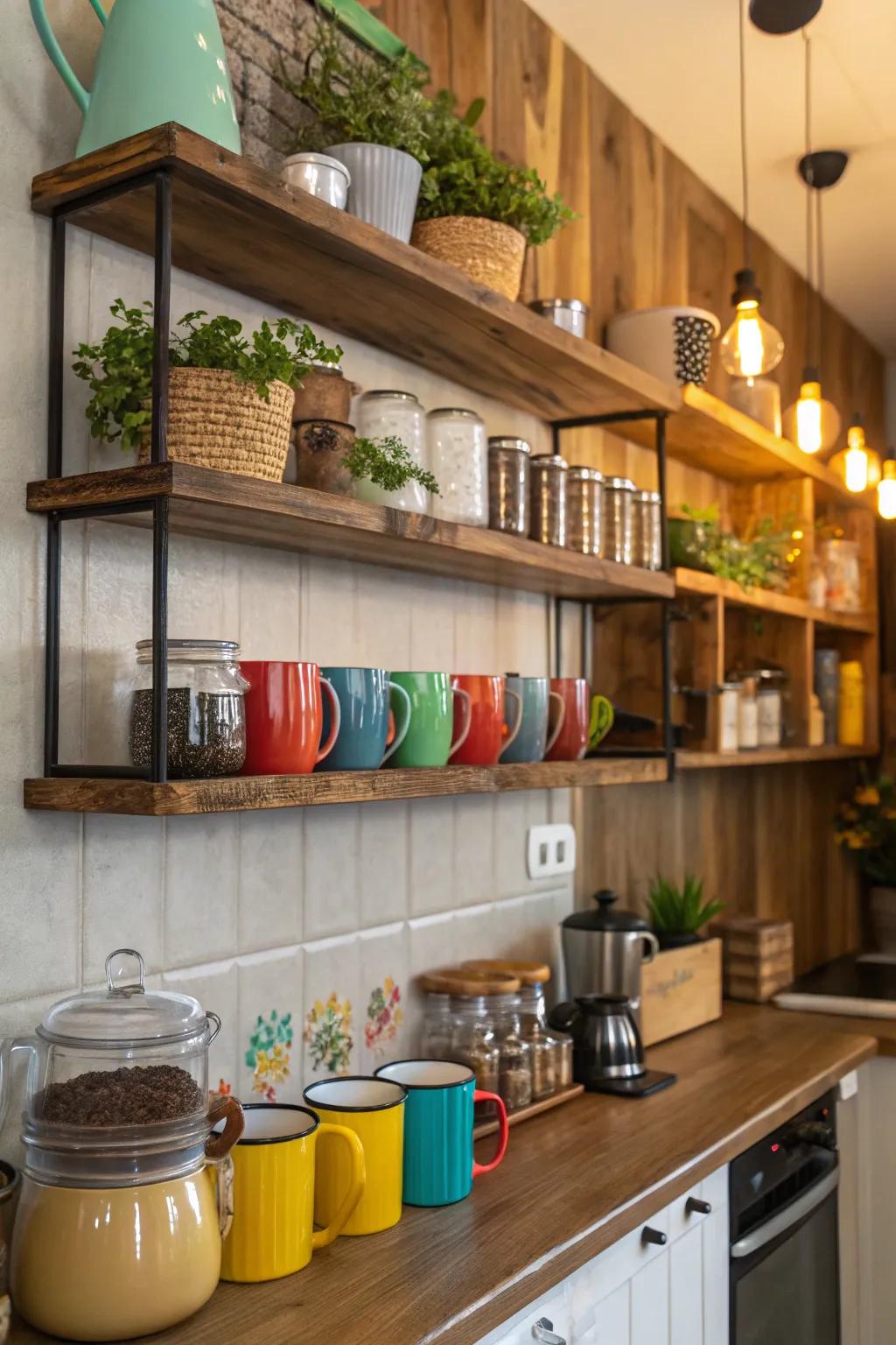 Open shelving adds both function and flair to your coffee bar.