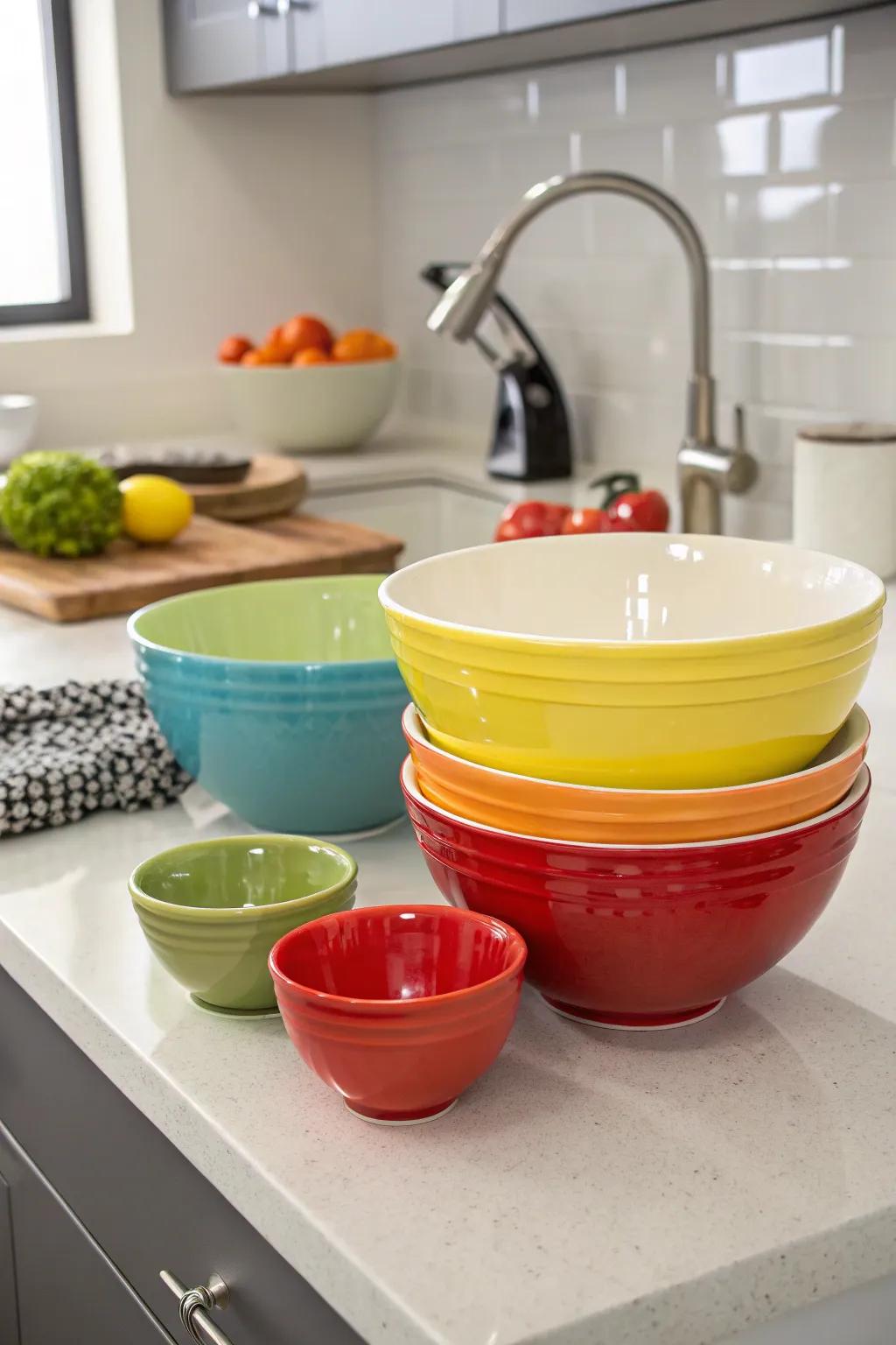 Ceramic mixing bowls are both practical and decorative.