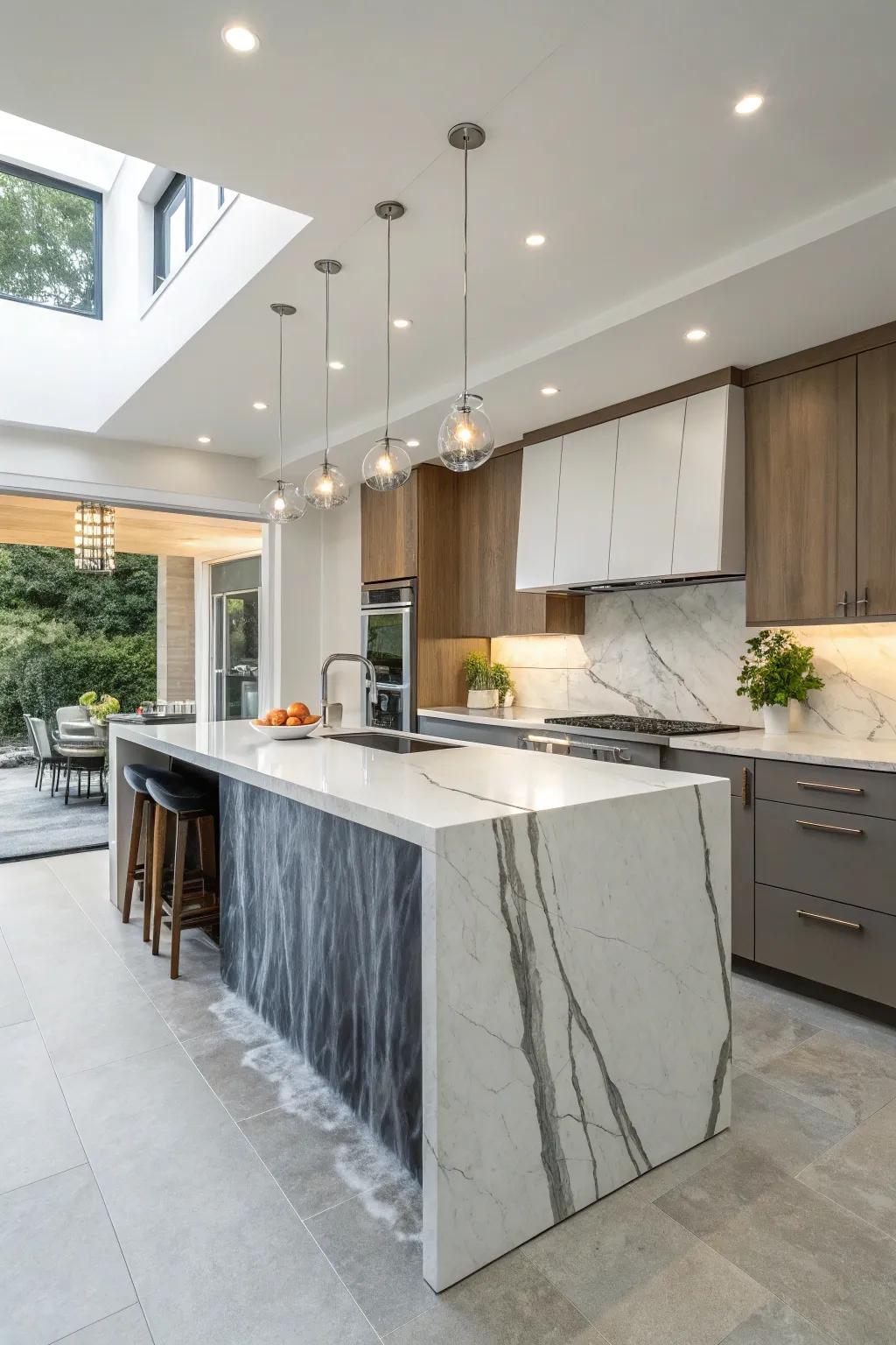 A waterfall edge offers a sleek and modern touch to your kitchen island.