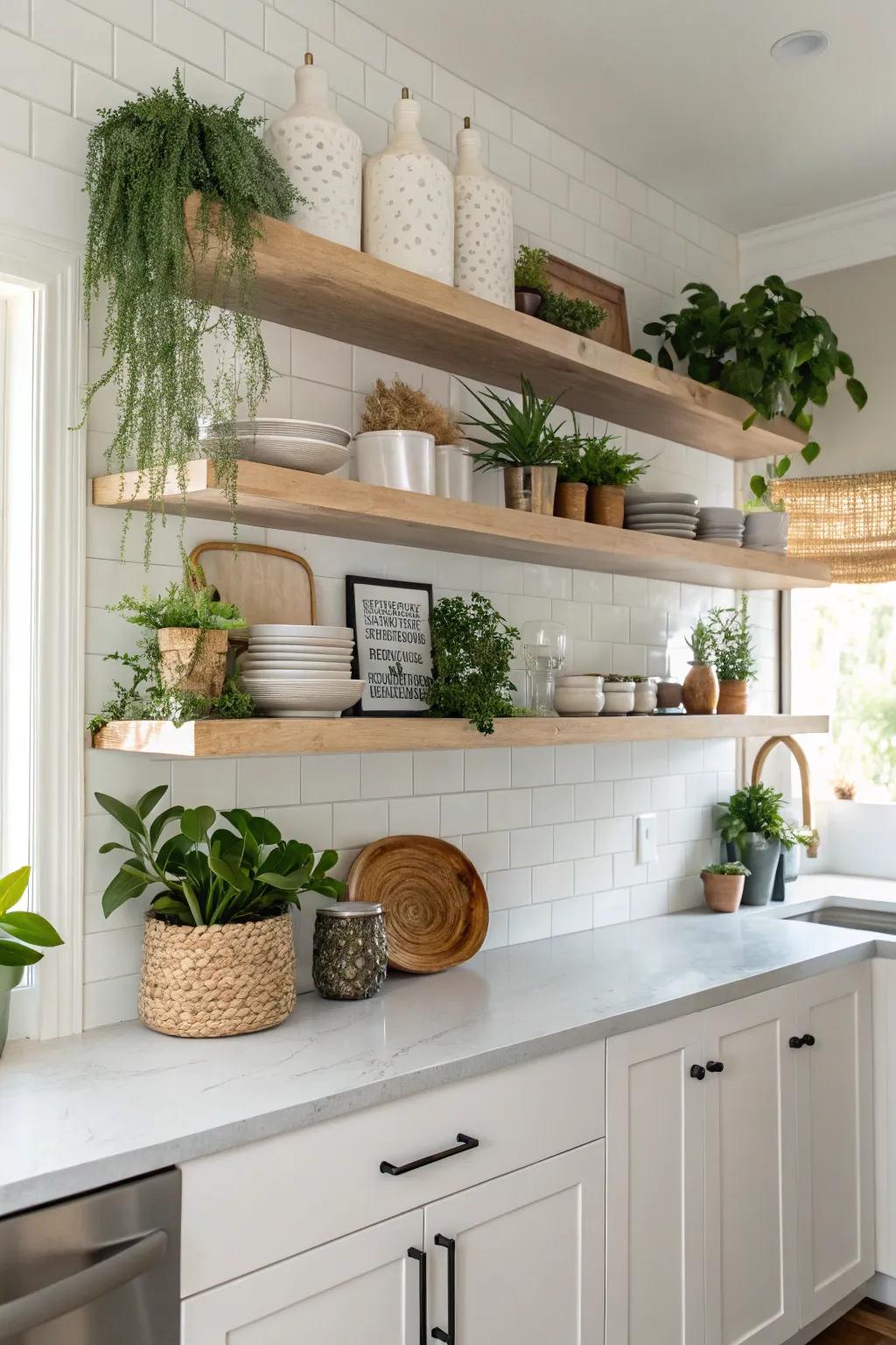 Floating shelves in a modern kitchen elegantly displaying plants and decor.