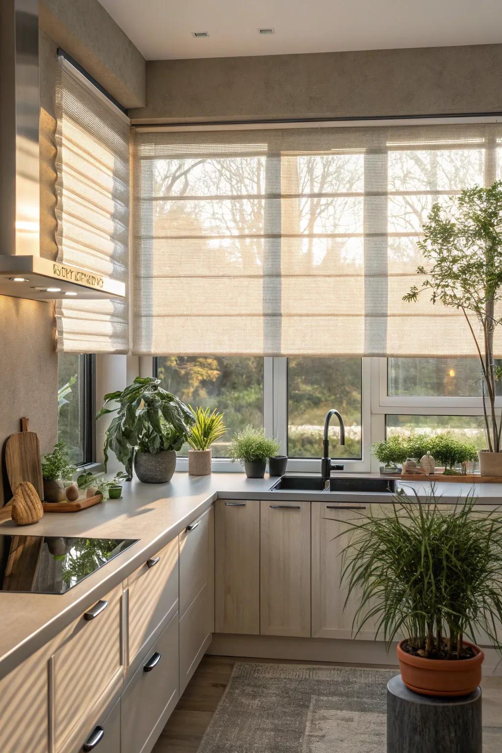 Sheer blinds offer both light and privacy, creating a serene kitchen space.