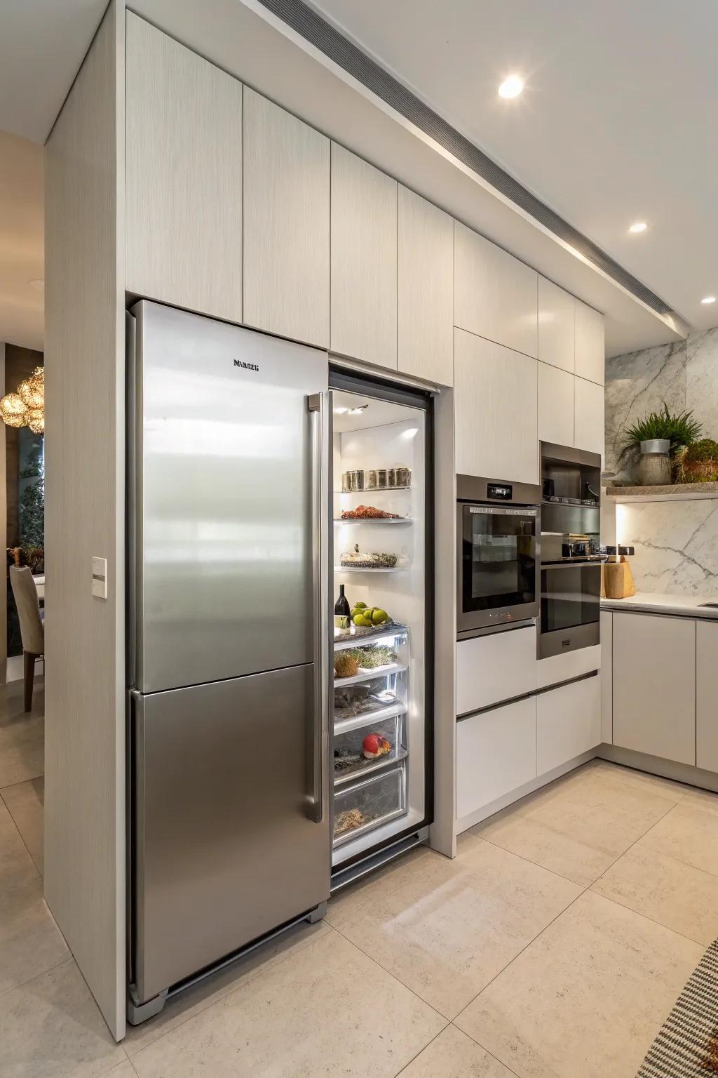 A fridge seamlessly integrated into the kitchen cabinetry, creating a cohesive look.