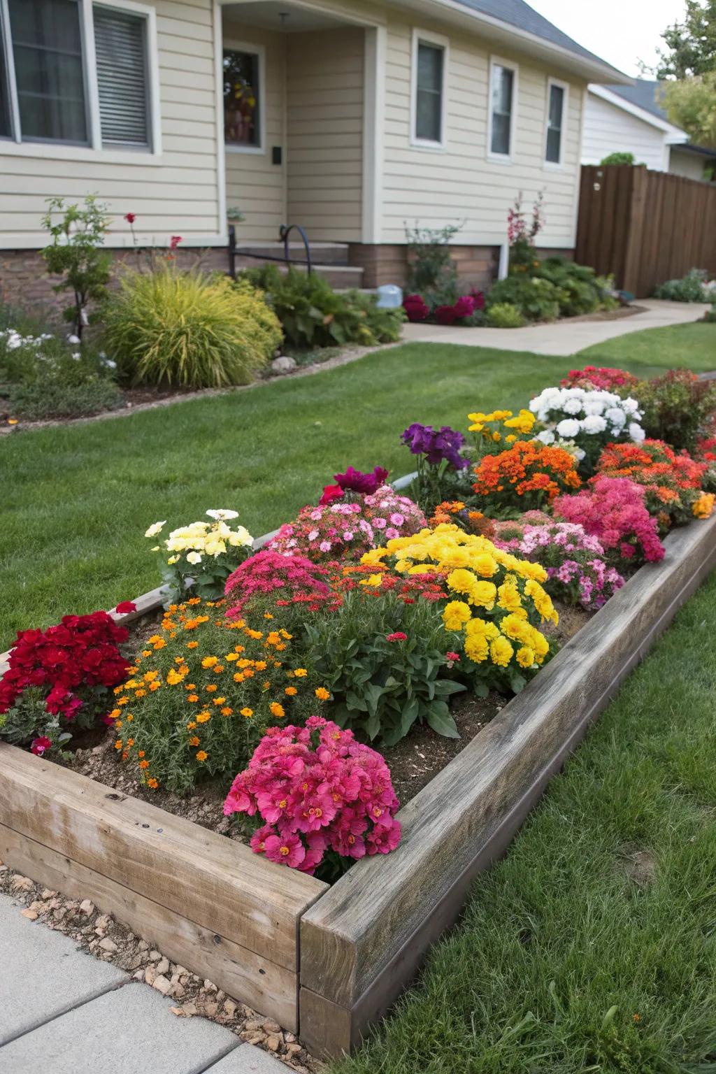 A vibrant flower bed adds a splash of color and life to the front yard.