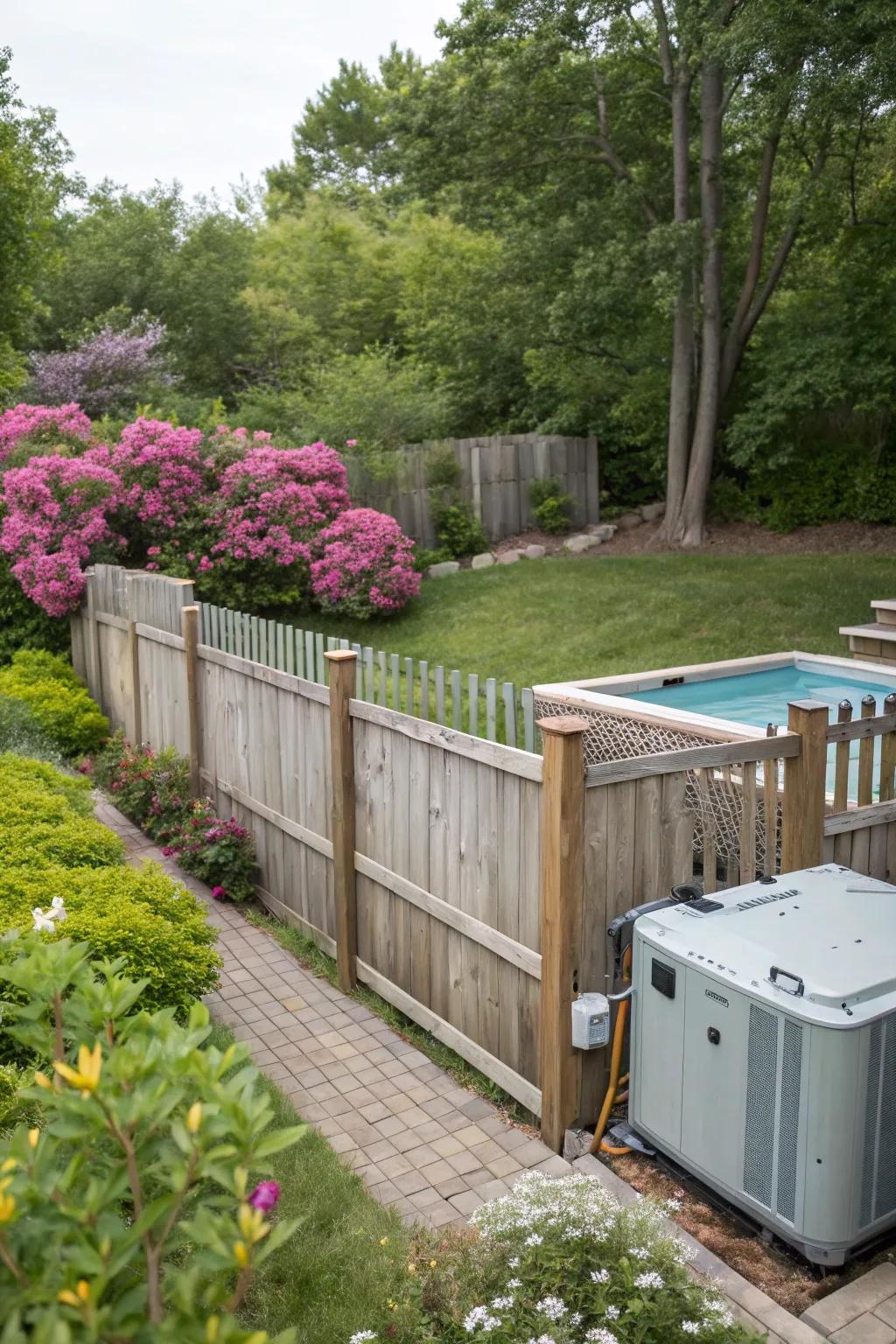 A wooden fence effortlessly hides pool equipment, maintaining the beauty of your backyard.