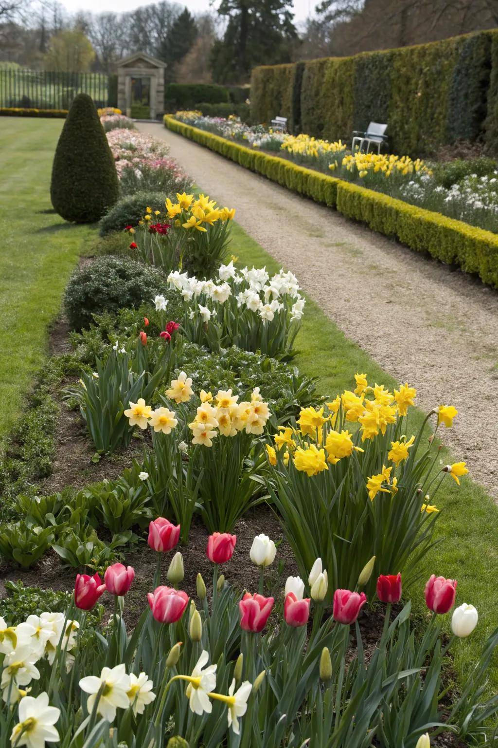 Tulips and daffodils lining a garden bed, adding vibrant color and structure.