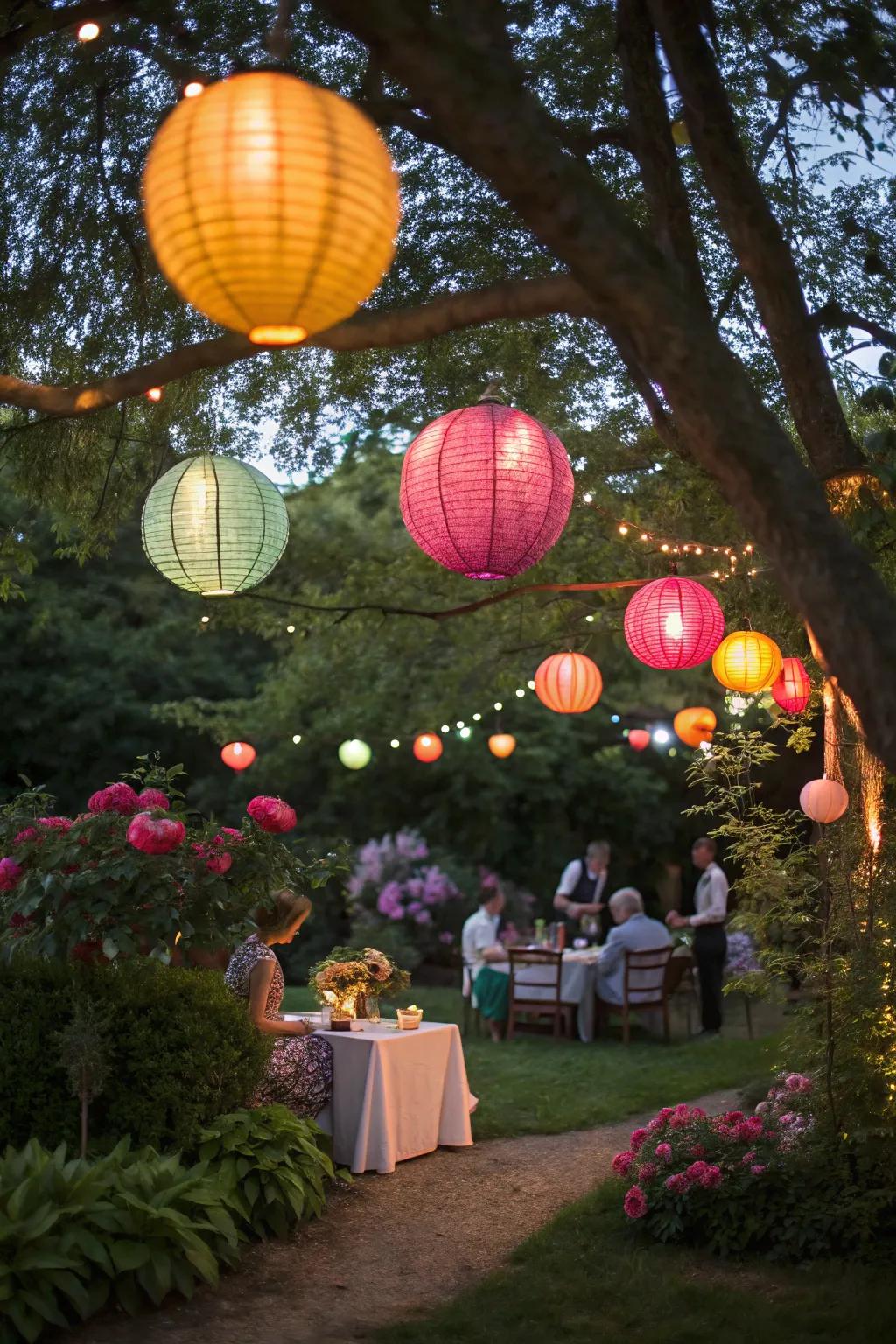 Colorful paper lanterns add whimsy to a garden party.