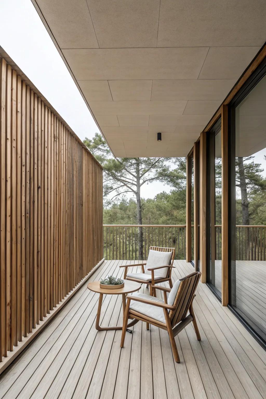 Vertical wood slats create a contemporary feel for this outdoor space.