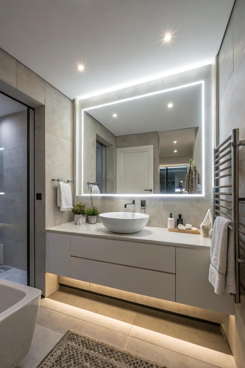 A backlit LED mirror providing a warm glow in a contemporary bathroom.