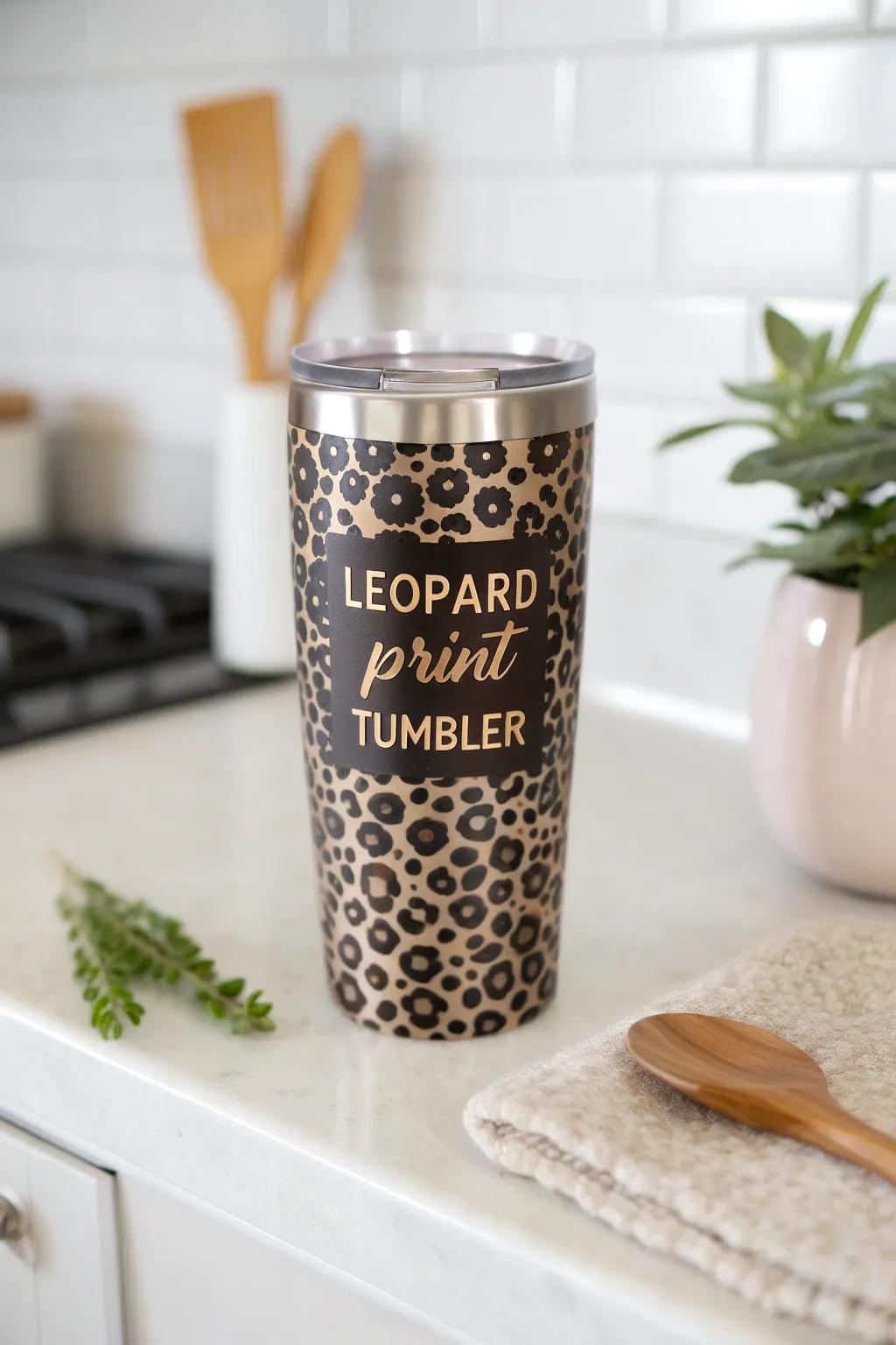 A personalized leopard print tumbler that makes each sip special.