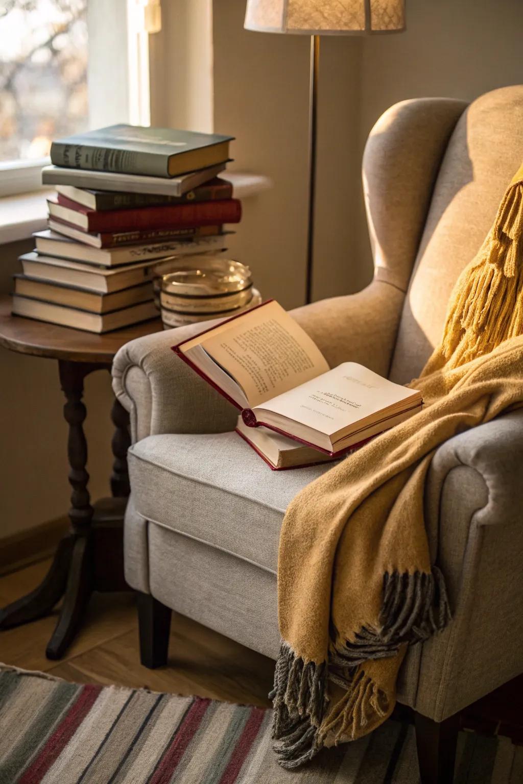 A snug reading nook with a comfy armchair and a stack of books.