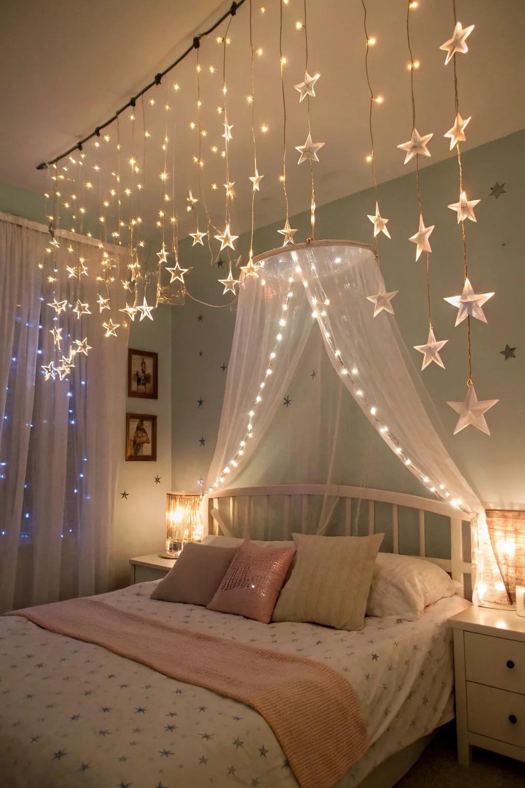 A cozy bedroom transformed with a fairy light canopy.
