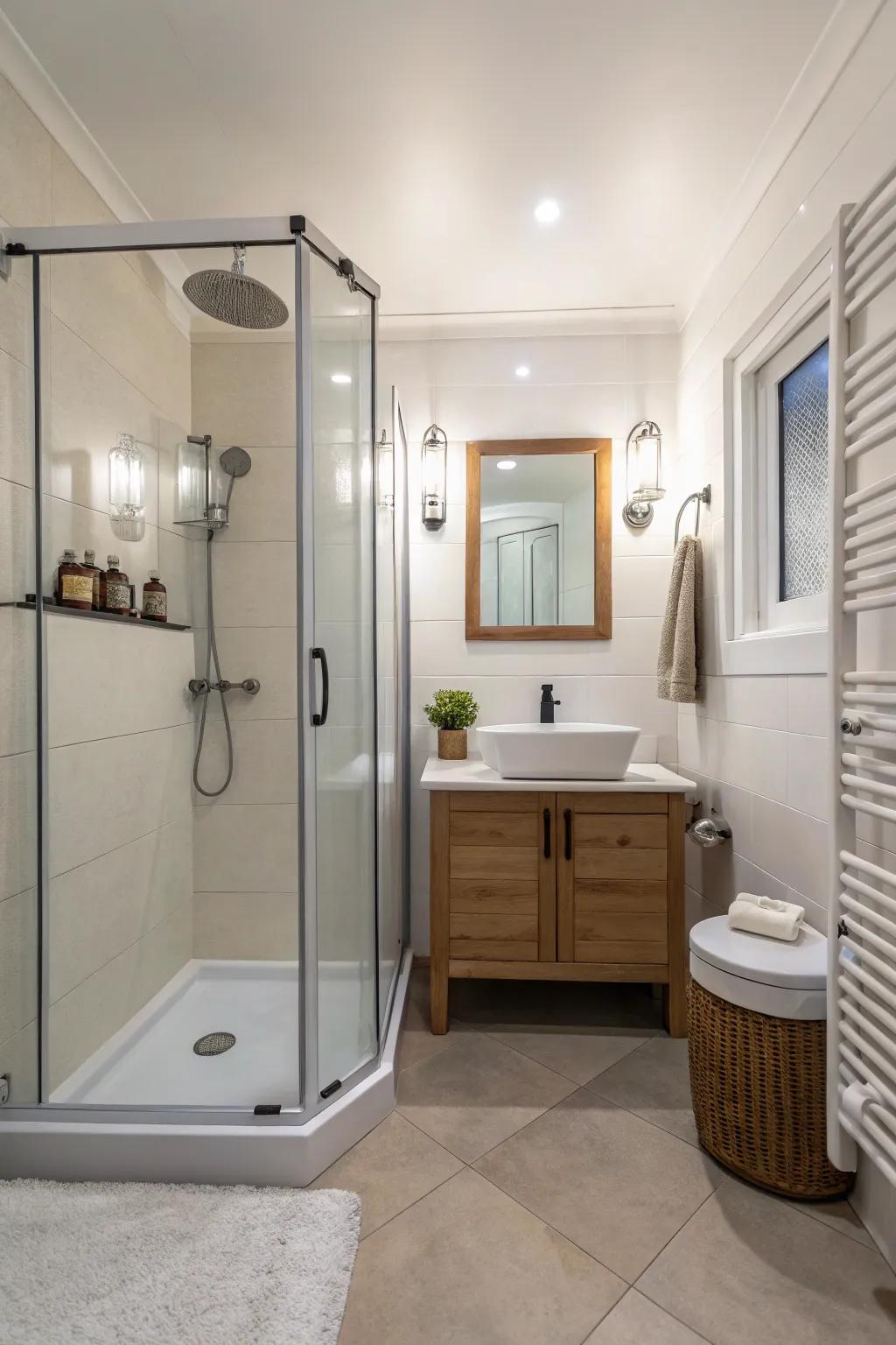 Corner shower design that maximizes space in a small bathroom.