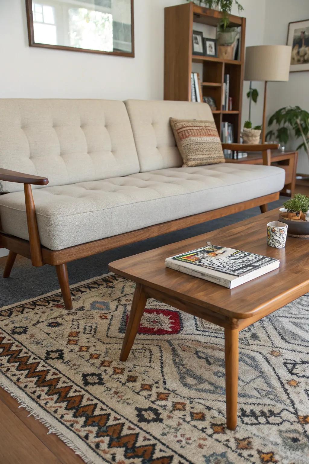 Mid-century modern couch with iconic peg legs.