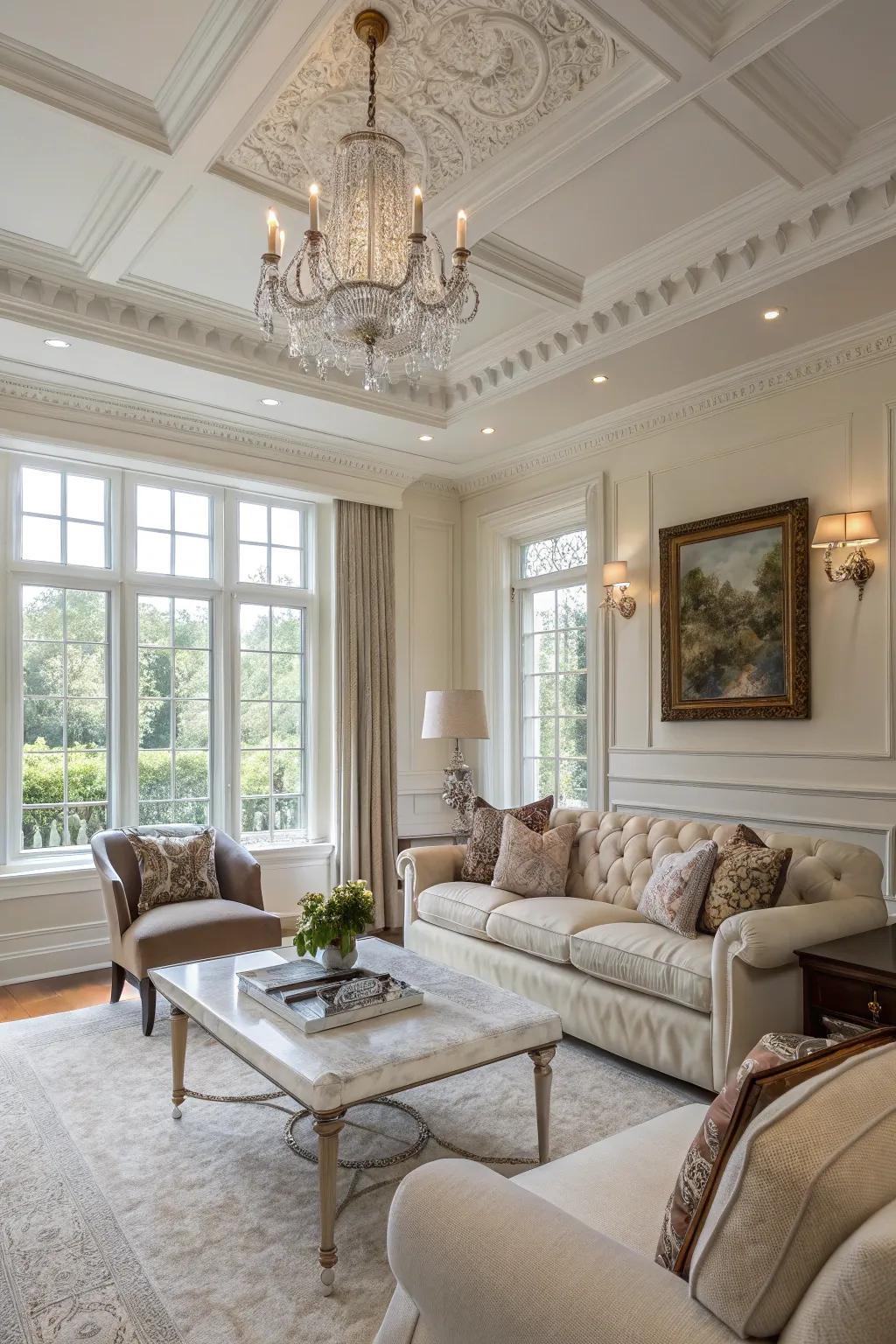 Classic white crown molding adds a touch of timeless elegance.