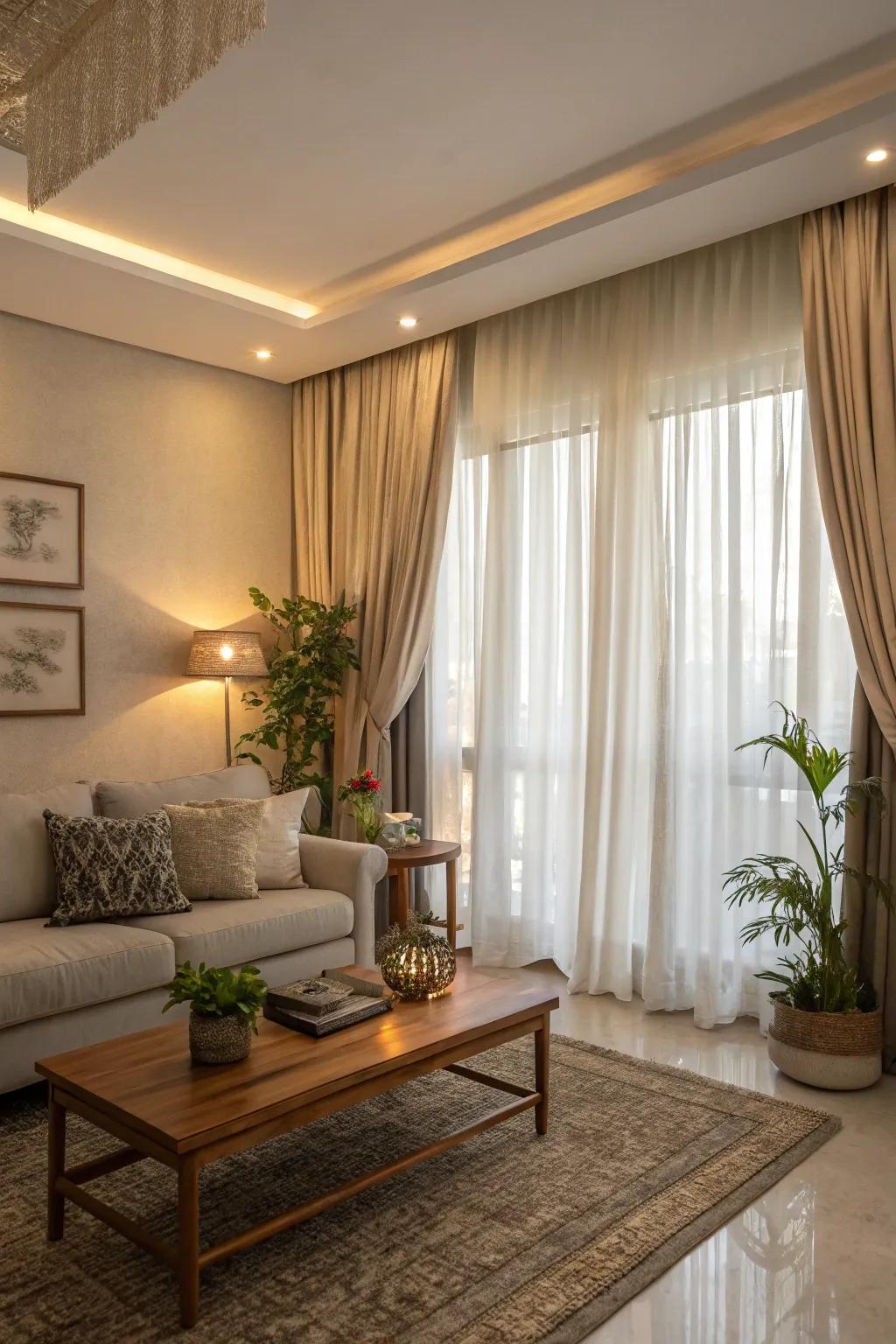 Elevate your living room with floor-to-ceiling curtains for an added touch of elegance.