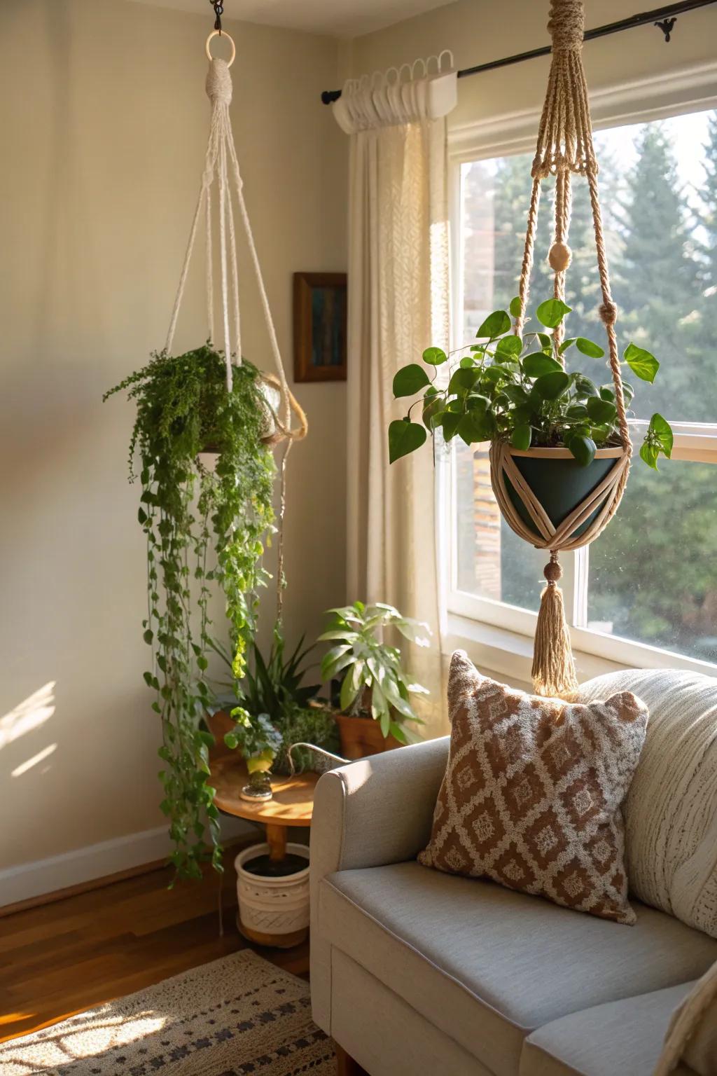 Hanging plants in macramé hangers create a cozy corner.