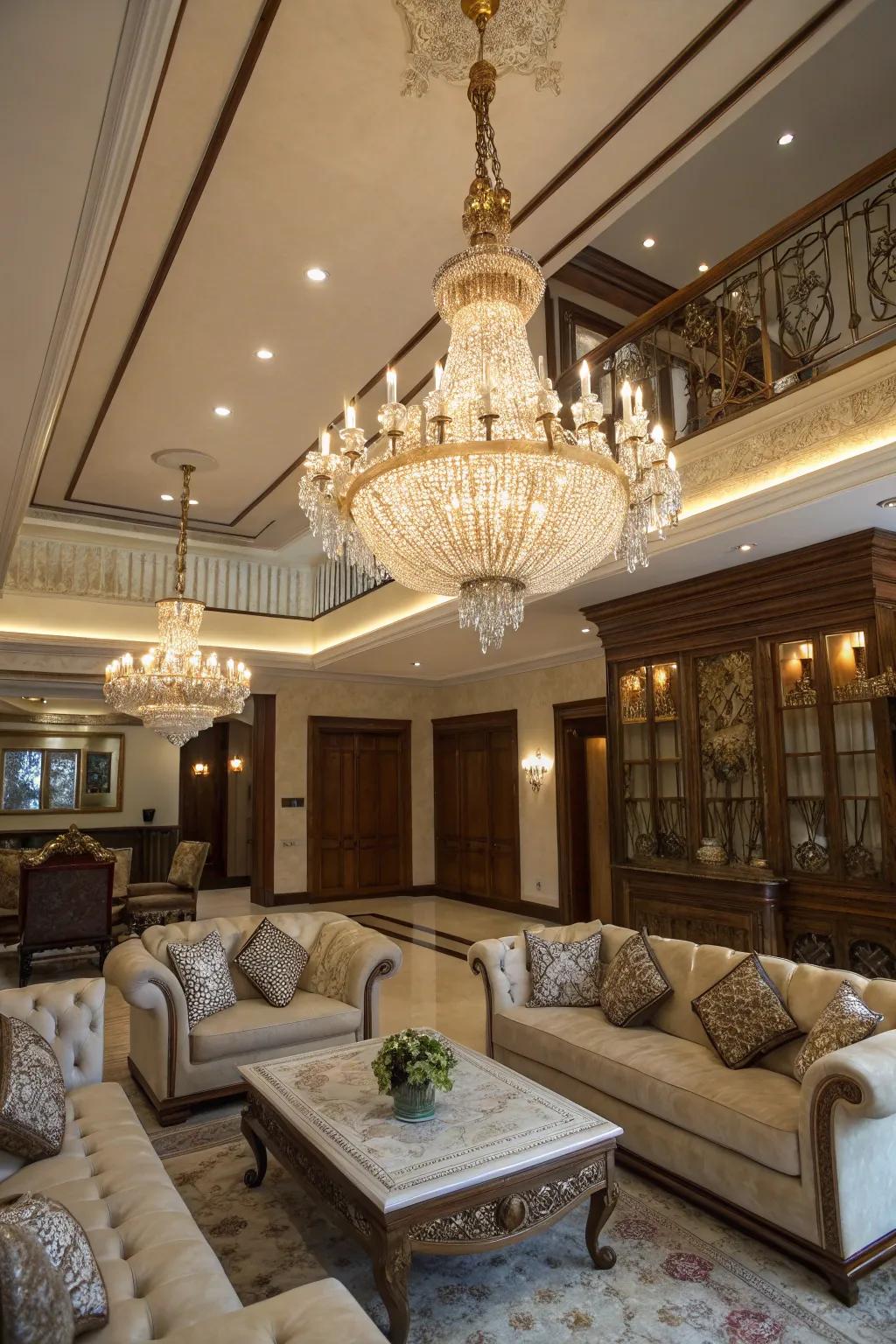 A grand chandelier serving as the focal point in this stylish living room.