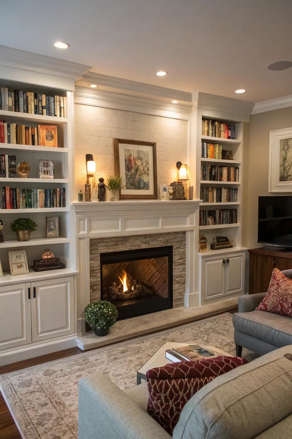 Elegant built-in shelves framing a cozy fireplace.