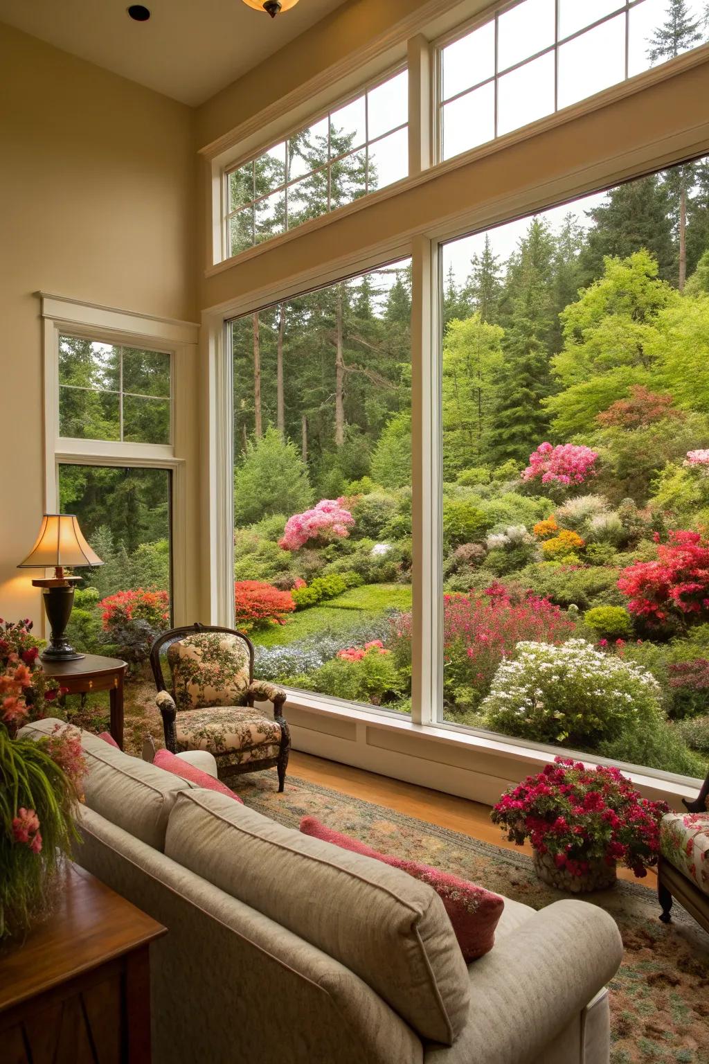 A living room featuring a large picture window framing a vibrant garden.