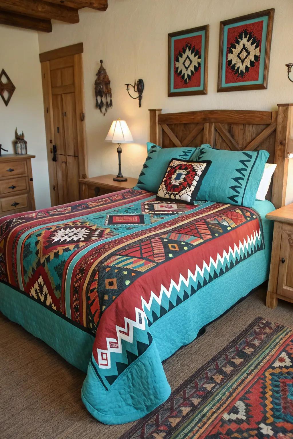 Southwestern bedding adds a touch of Western elegance to the bedroom.