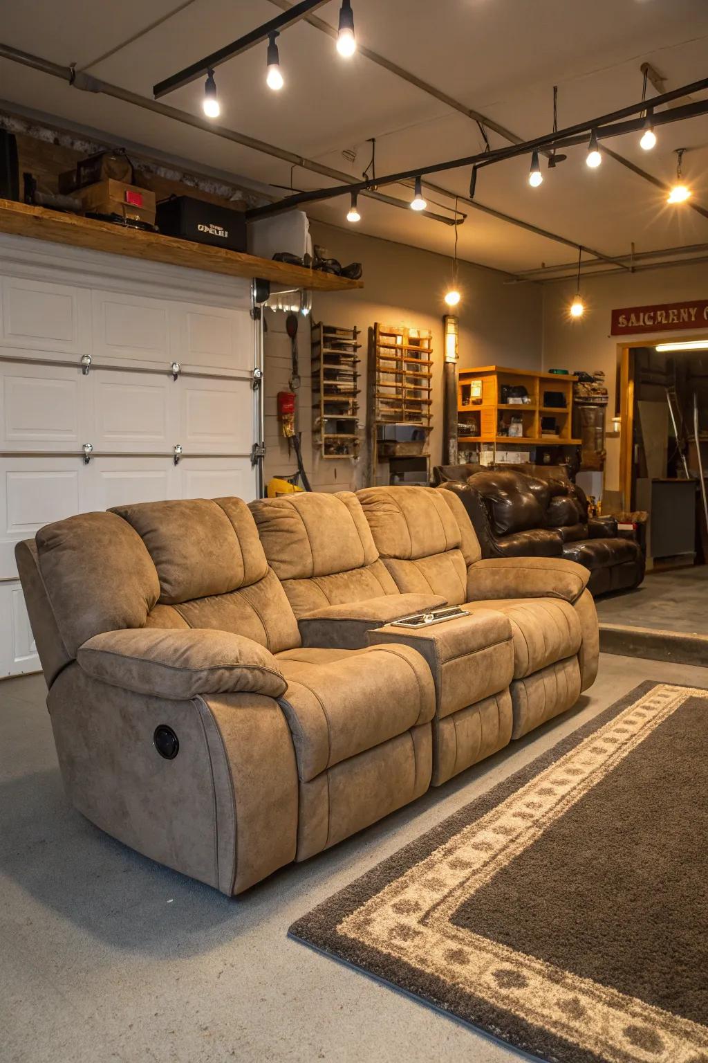 Cozy seating sets the tone for relaxation in your garage man cave.