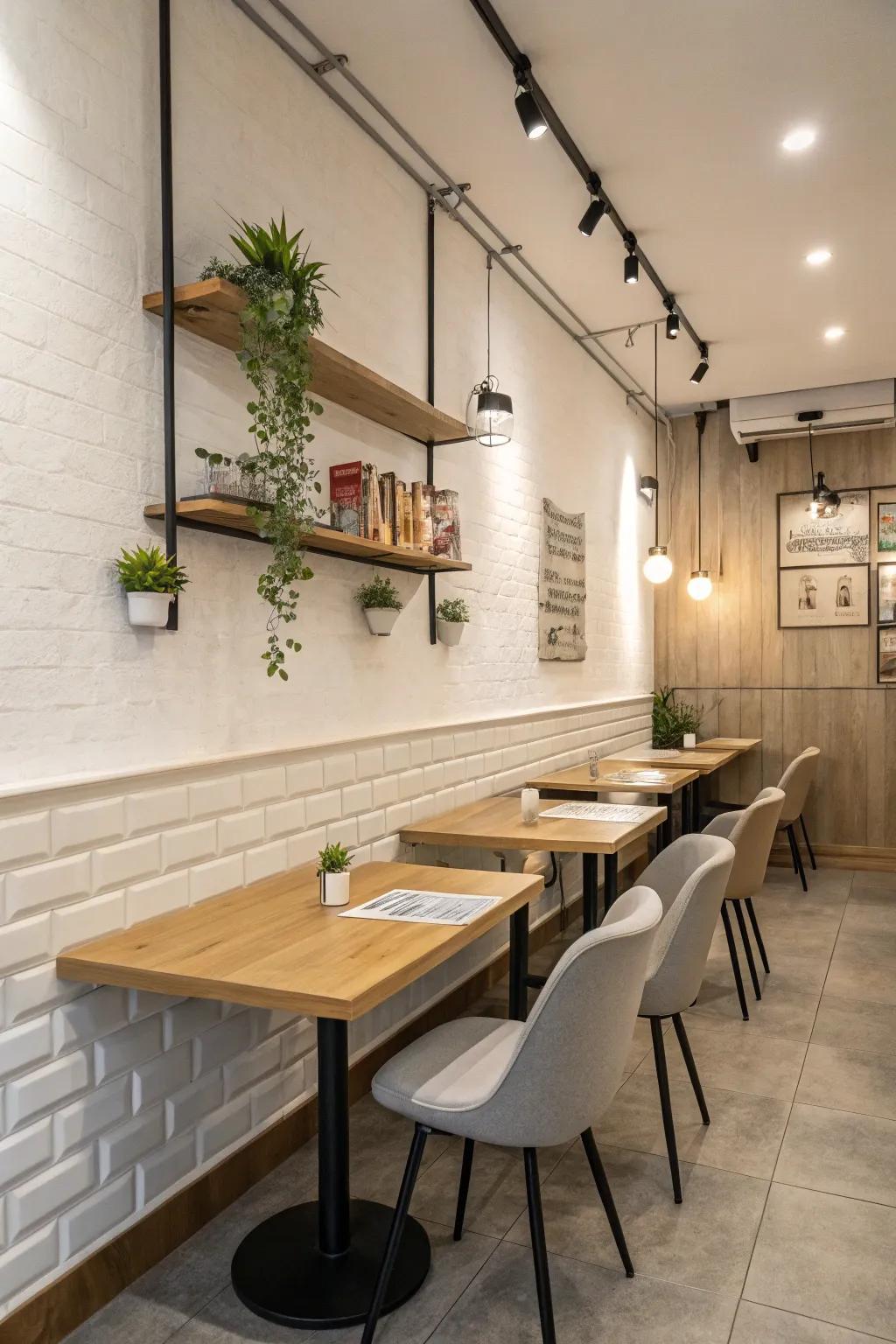 Minimalist design in a small restaurant creates a calming atmosphere.