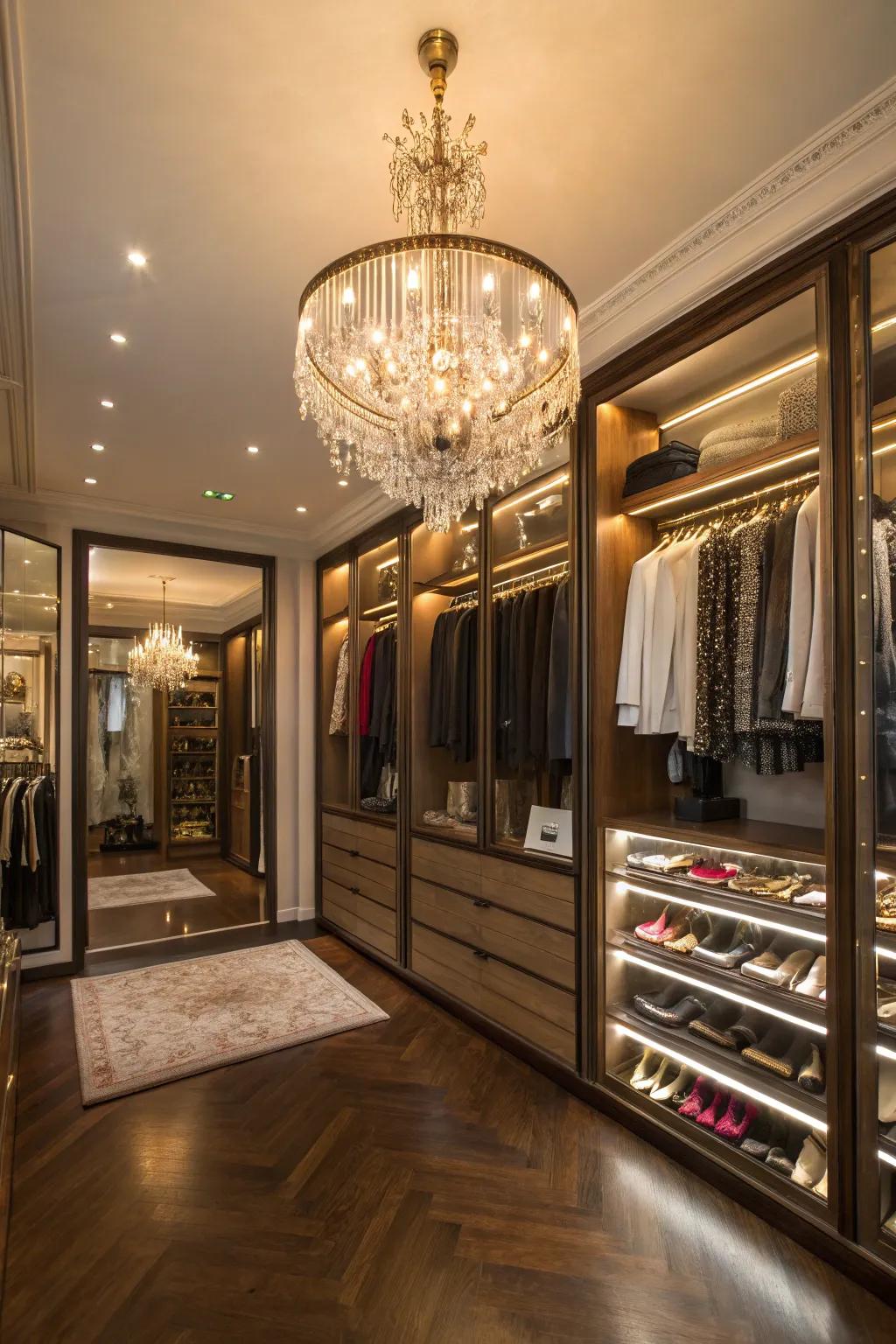 A stunning chandelier as the focal point in a luxury closet.