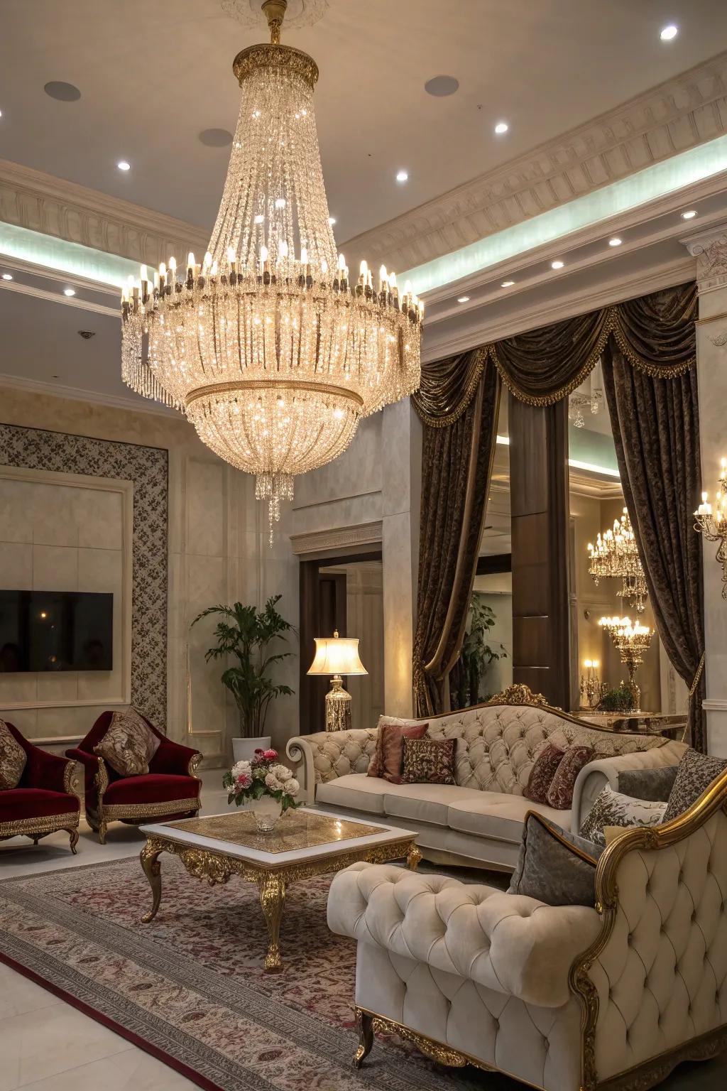 A majestic chandelier serves as the centerpiece in this glam living room.