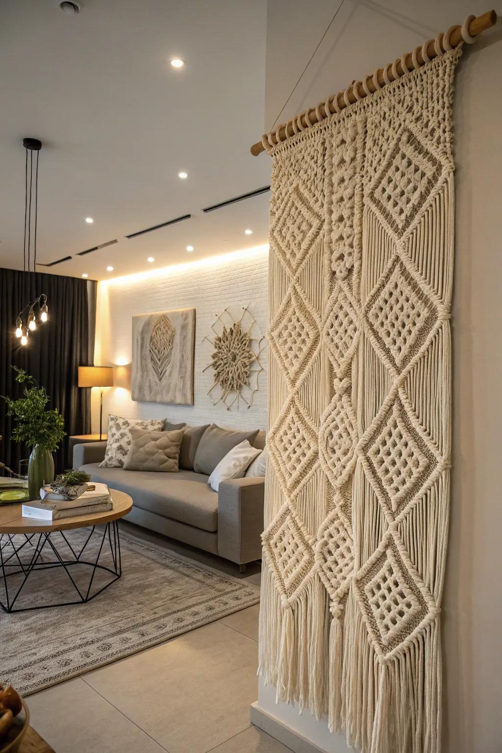 A statement macrame wall hanging adding elegance to a living room.