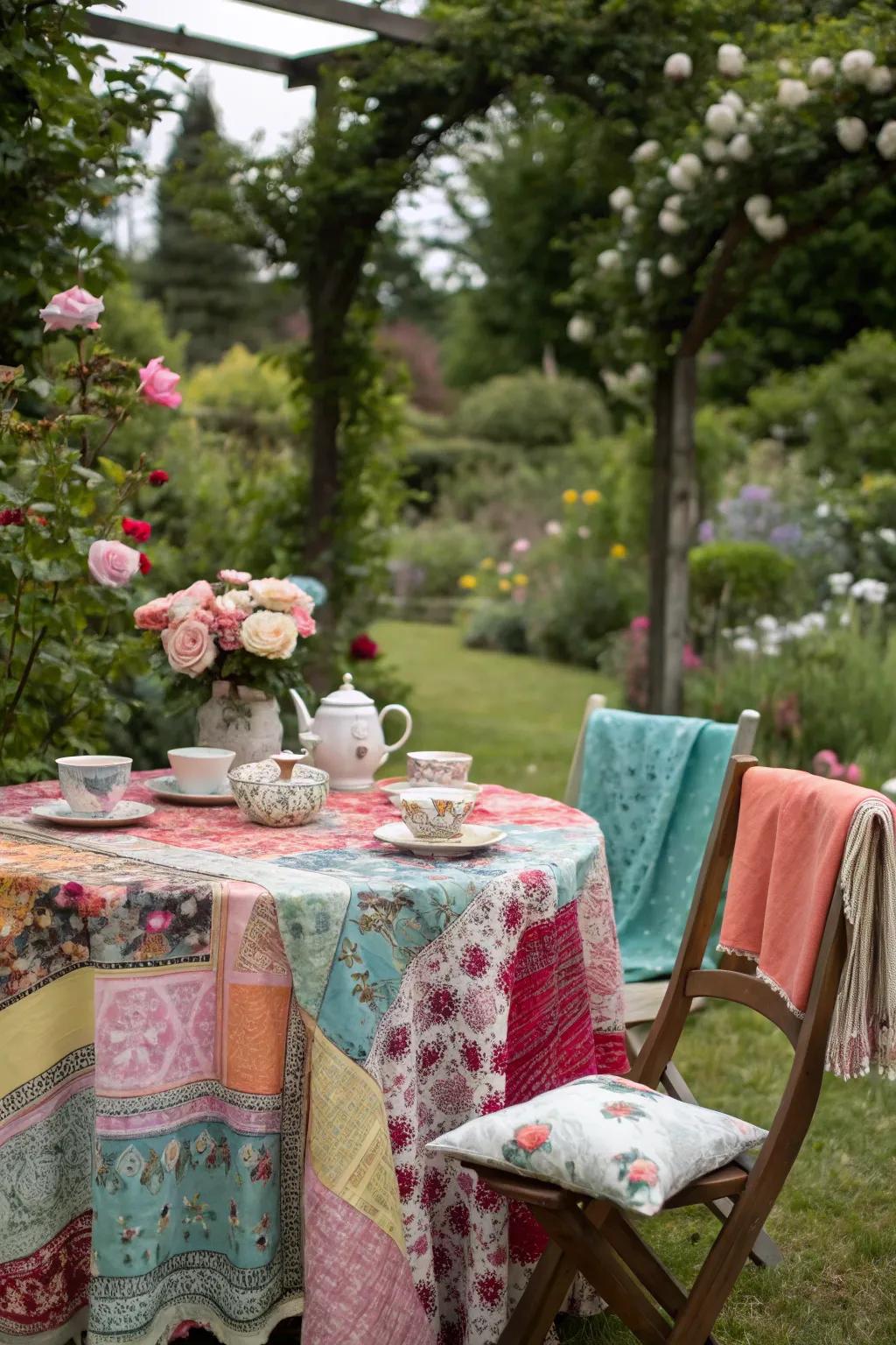 An eclectic tea table with mismatched teacups and vibrant tablecloths perfect for a Mad Hatter party.