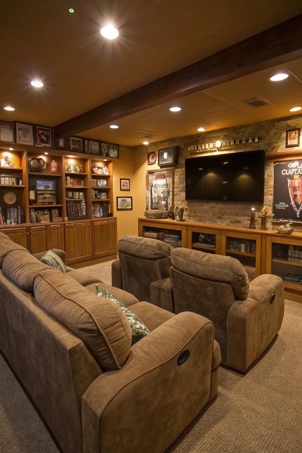 Plush seating that invites relaxation in a man cave.
