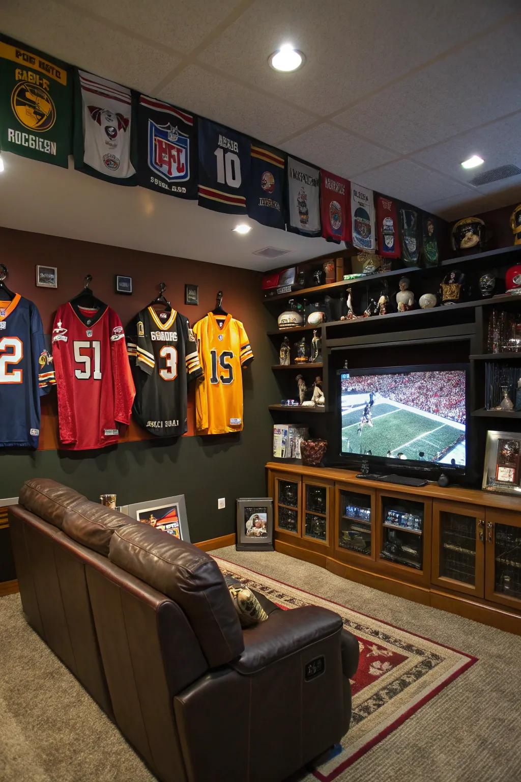 Immerse yourself in the excitement of a sports-themed man cave.