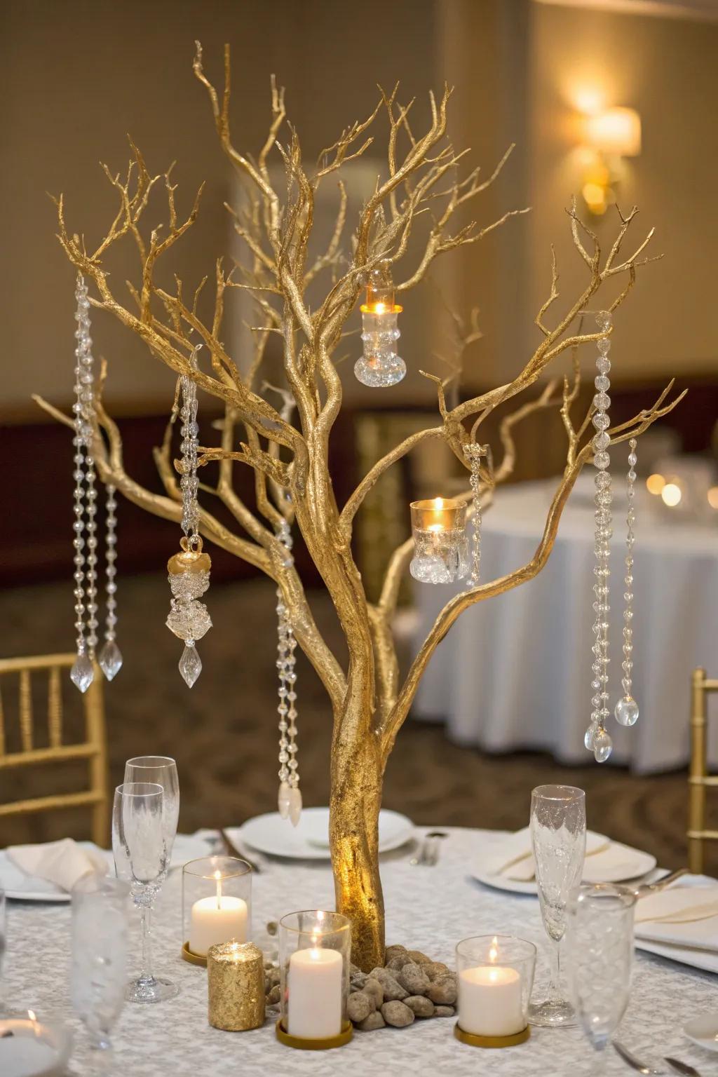 Gold-painted manzanita branches with crystals create a glamorous centerpiece.