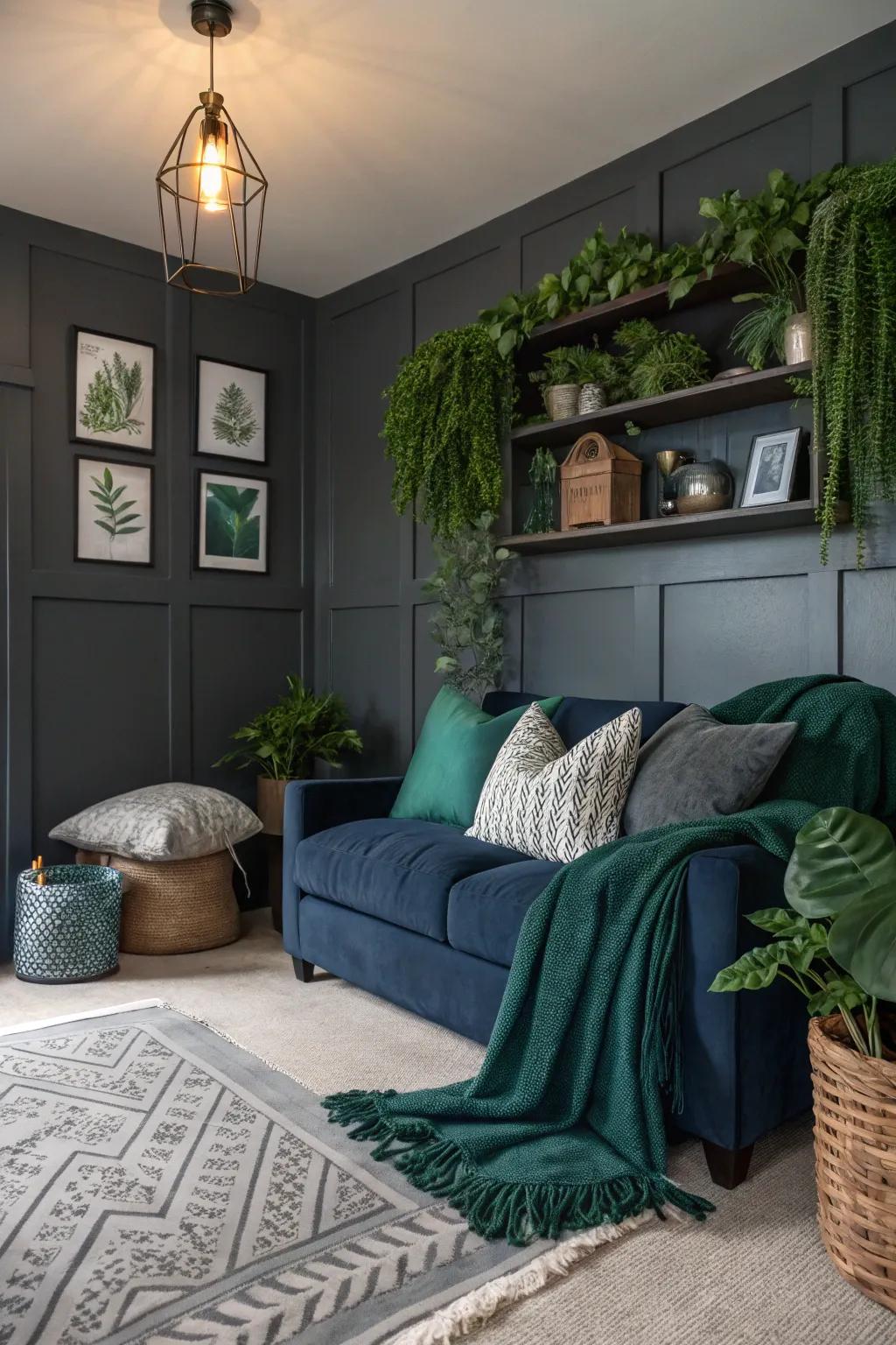 A den with charcoal gray walls and rich navy accents.